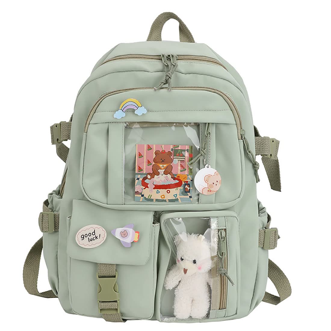 Cute Kawaii Backpack for Girls - Aesthetic School Backpack with Plush Pendant & Pins - Green Kawaii Bookbag for Teens, College, Travel & Everyday Use