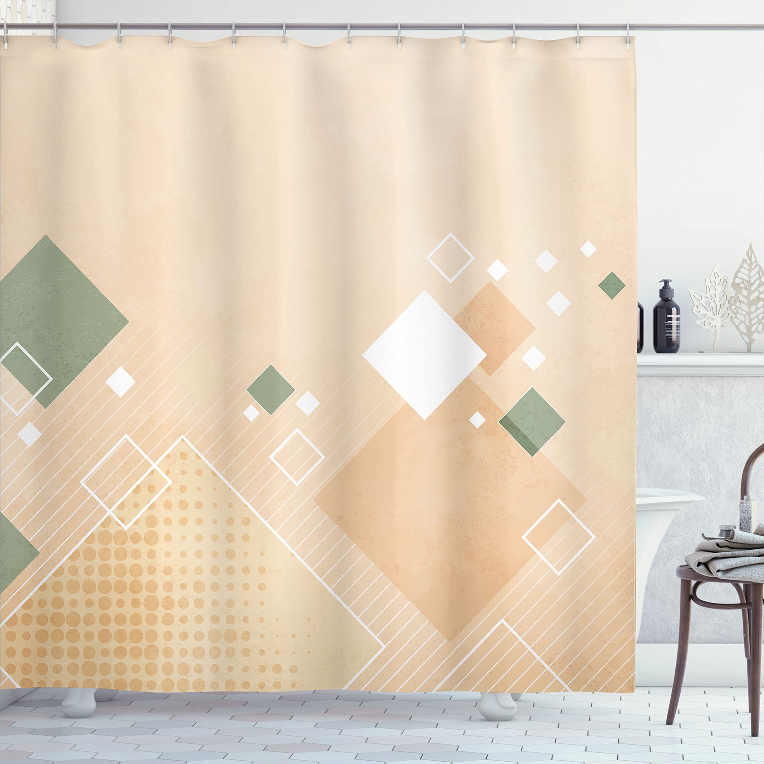 Ambesonne Abstract Geometric Shower Curtain - Colorful Squares Stripes Dots & Rhombus Design, 69x70 Inch Fabric Bathroom Decor with Hooks (Ecru White) - Perfect for Modern Bathrooms & Spa-Like Showers