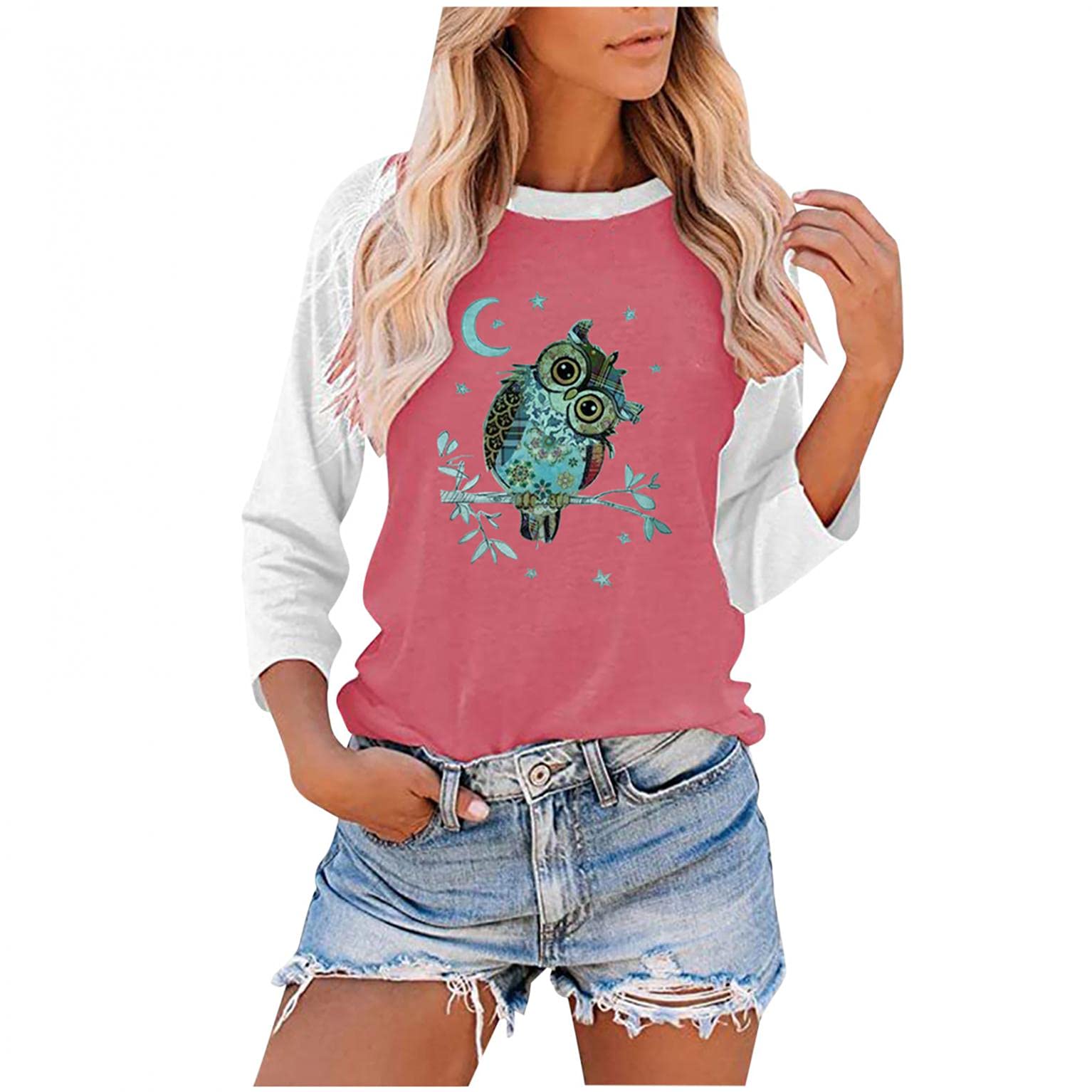 Women's Business Casual Long Sleeve Blouse - Owl Print Round Neck Pullover Top for Office Wear & Casual Outings