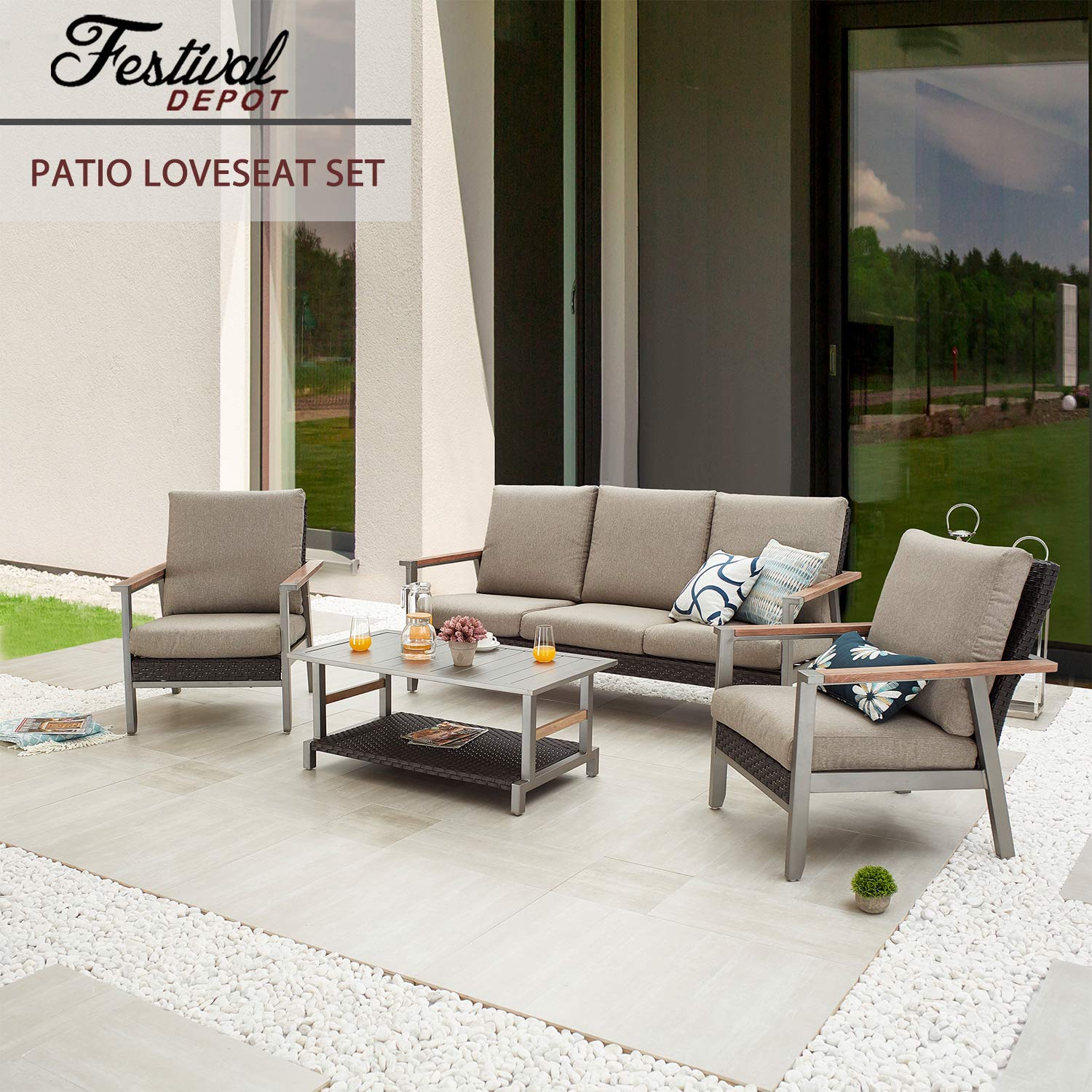 Festival Depot 4-Piece Outdoor Patio Conversation Set - Wicker Rattan Loveseat & Chairs with Thick Cushions + Metal Frame Coffee Table - Grey Garden Furniture for Deck, Backyard & Poolside Relaxation