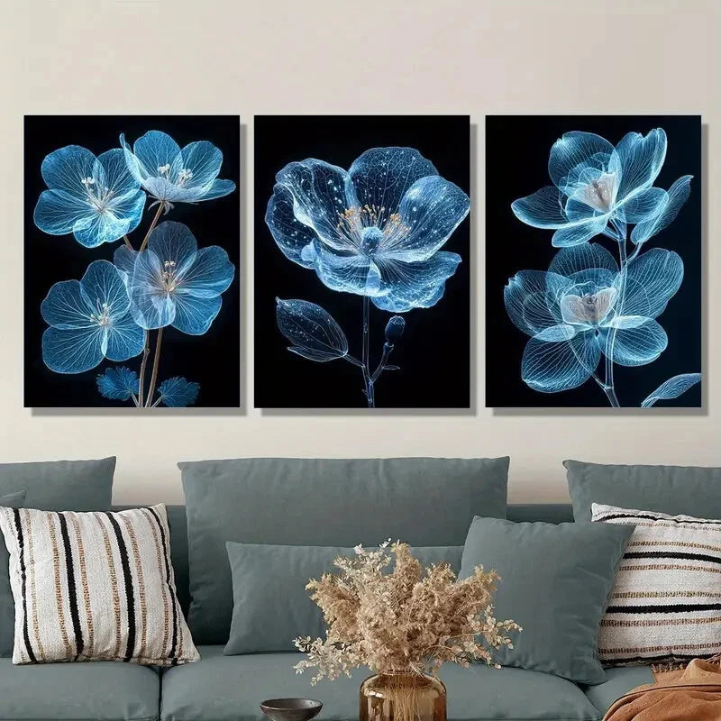 3-Piece Bright Blue Flower Metal Print Wall Art - Ready to Hang Canvas Painting for Living Room, Bedroom & Office Decor