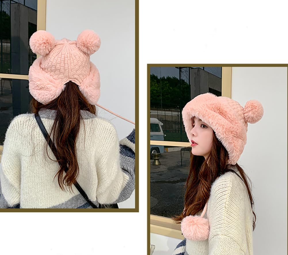 Women's Winter Pompom Beanie Hat - Soft Fluffy Knit Faux Fur Crochet Skull Cap with Ear Warmers for Cold Weather | Cozy Outdoor Activities, Snow Days & Fashion Accessory