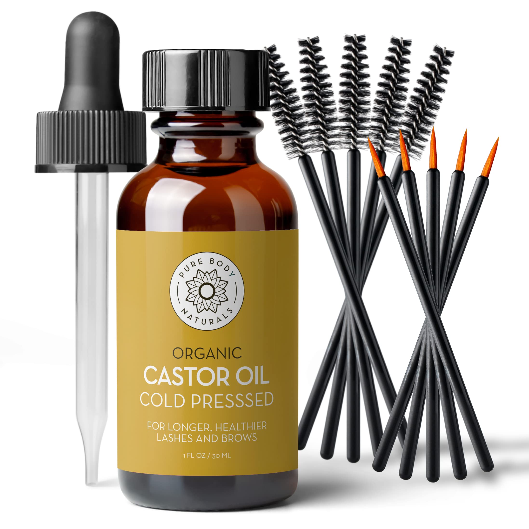 Pure Body Naturals Organic Cold Pressed Castor Oil for Eyelashes & Eyebrows Growth - Hexane-Free, Unrefined Brow & Lash Serum - 1 fl oz - Perfect for Natural Lash Enhancement & Eyebrow Care