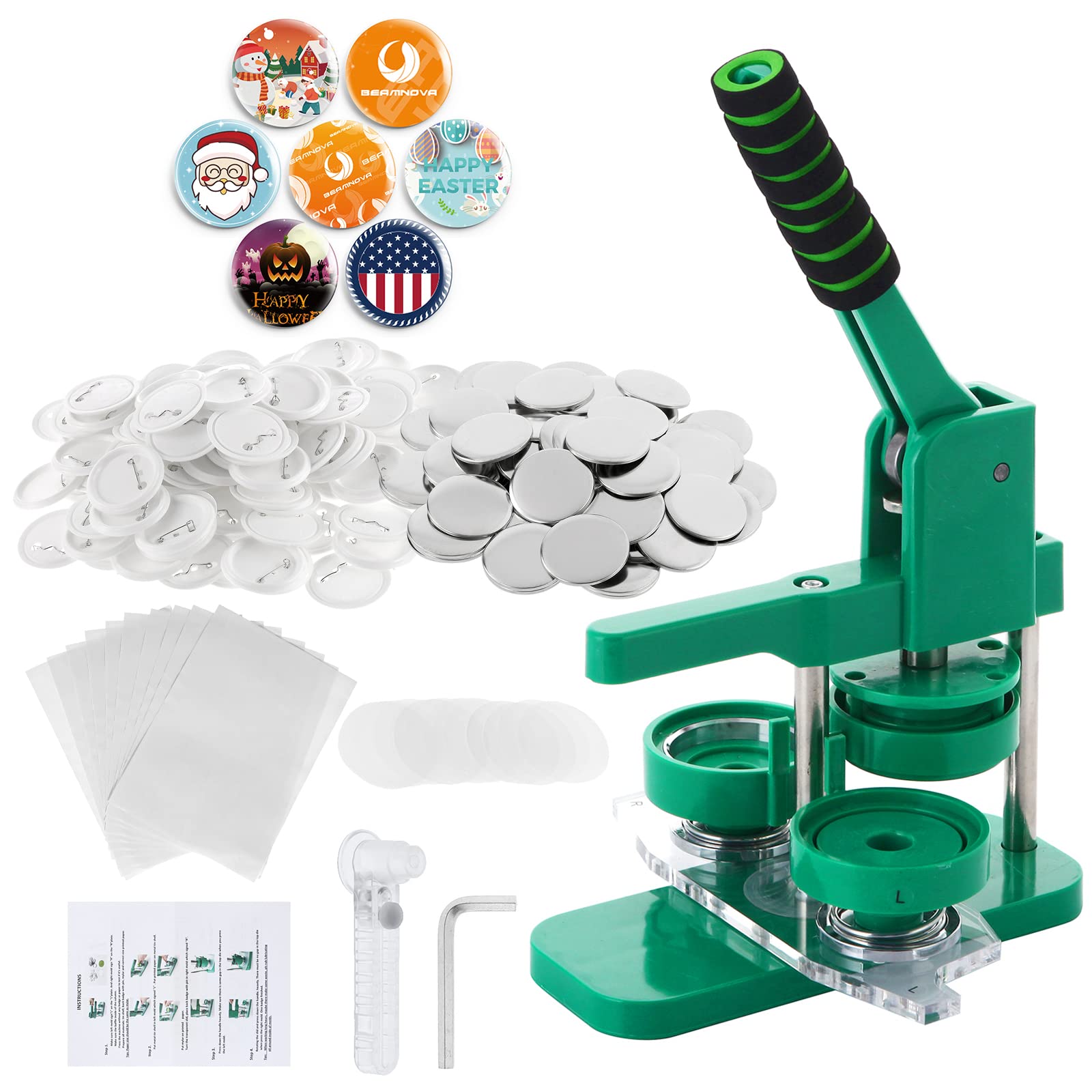 BEAMNOVA Upgraded 58mm DIY Button Maker Machine Kit with Absorbable Mold & 100 Button Parts - 2.28 Inch Round Pin Badge Maker for Crafts, Events, School Projects, and Promotional Items