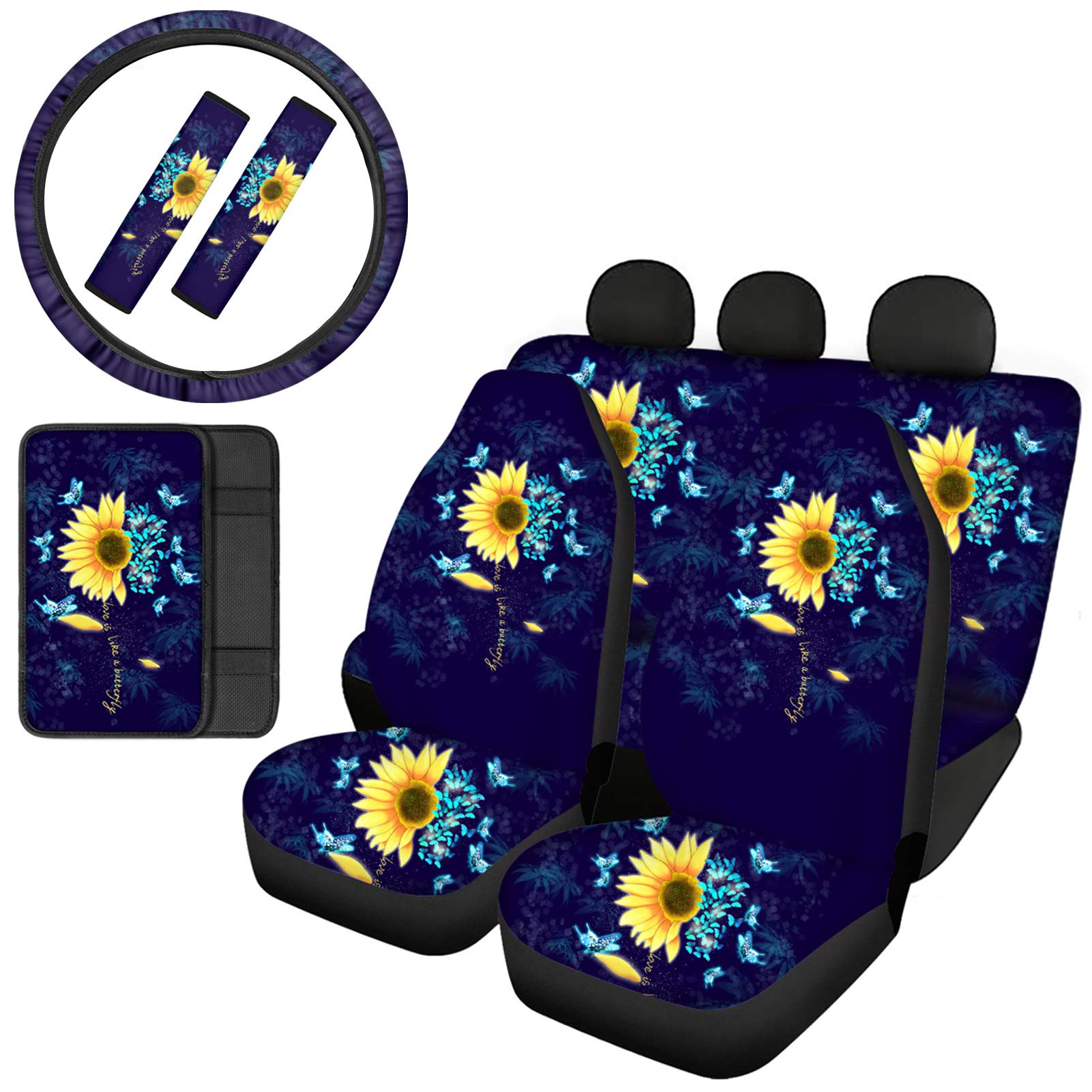 Personalized Sunflower Butterfly Navy Car Seat Covers Full Set - 2 Seat Belt Pads & 15