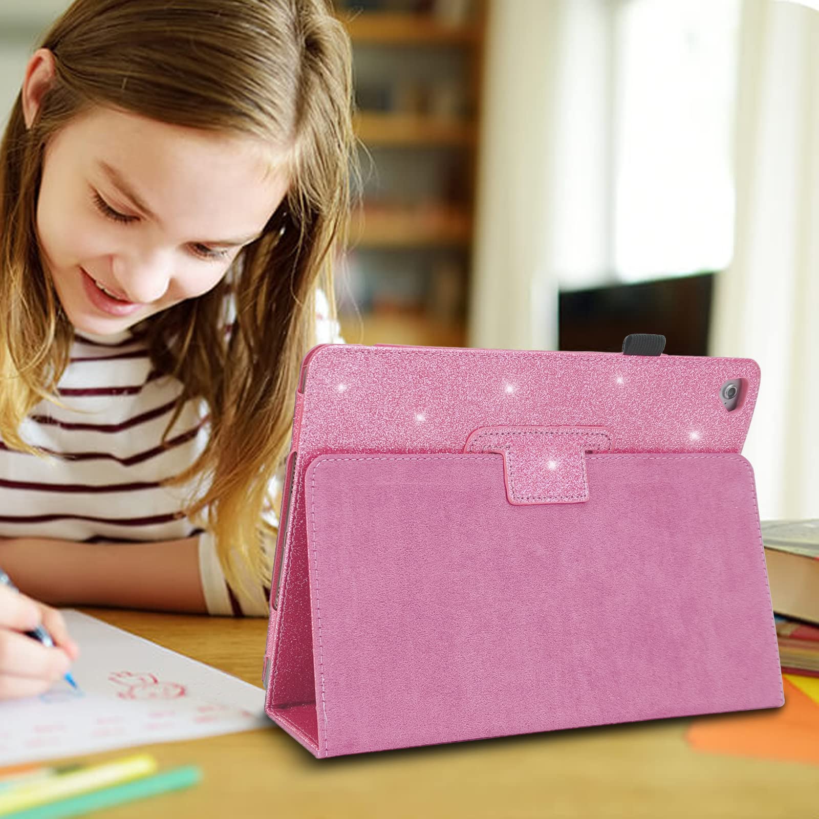 Premium Glitter iPad Case for iPad 9.7 inch (6th/5th Gen, Air/Air 2/Pro 2017-2018) with Pencil Holder & Auto Sleep/Wake - Slim Stand Protective Cover in Pink - Perfect for School, Work & Travel