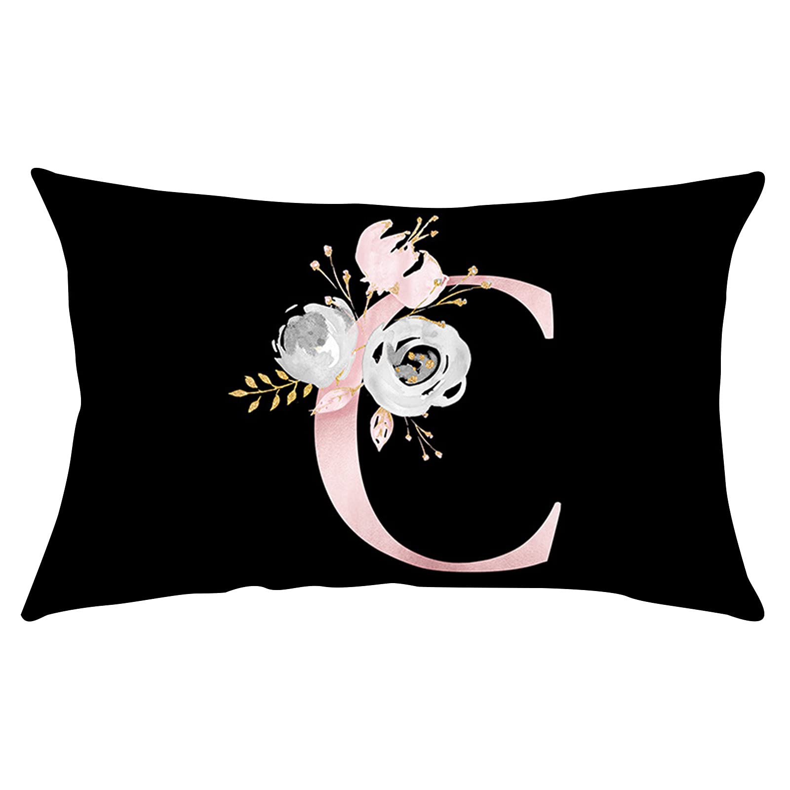 Alphabet Black ANW Floral Throw Pillow Covers - Decorative Pillow Cases for Bedroom, Sofa & Living Room (Letter C, Standard Size) - Perfect for Home Decor, Gifts, and Cozy Accents