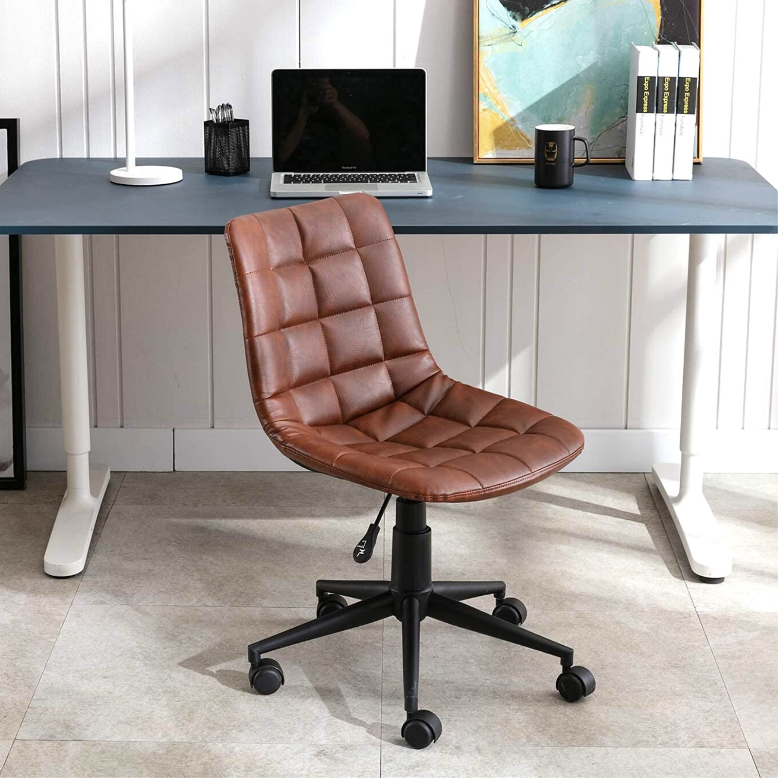 Ergonomic Armless Desk Chair - Faux Leather Adjustable Swivel Rolling Task Chair for Home Office, Study Room & Workspace - Modern Computer Chair in Brown