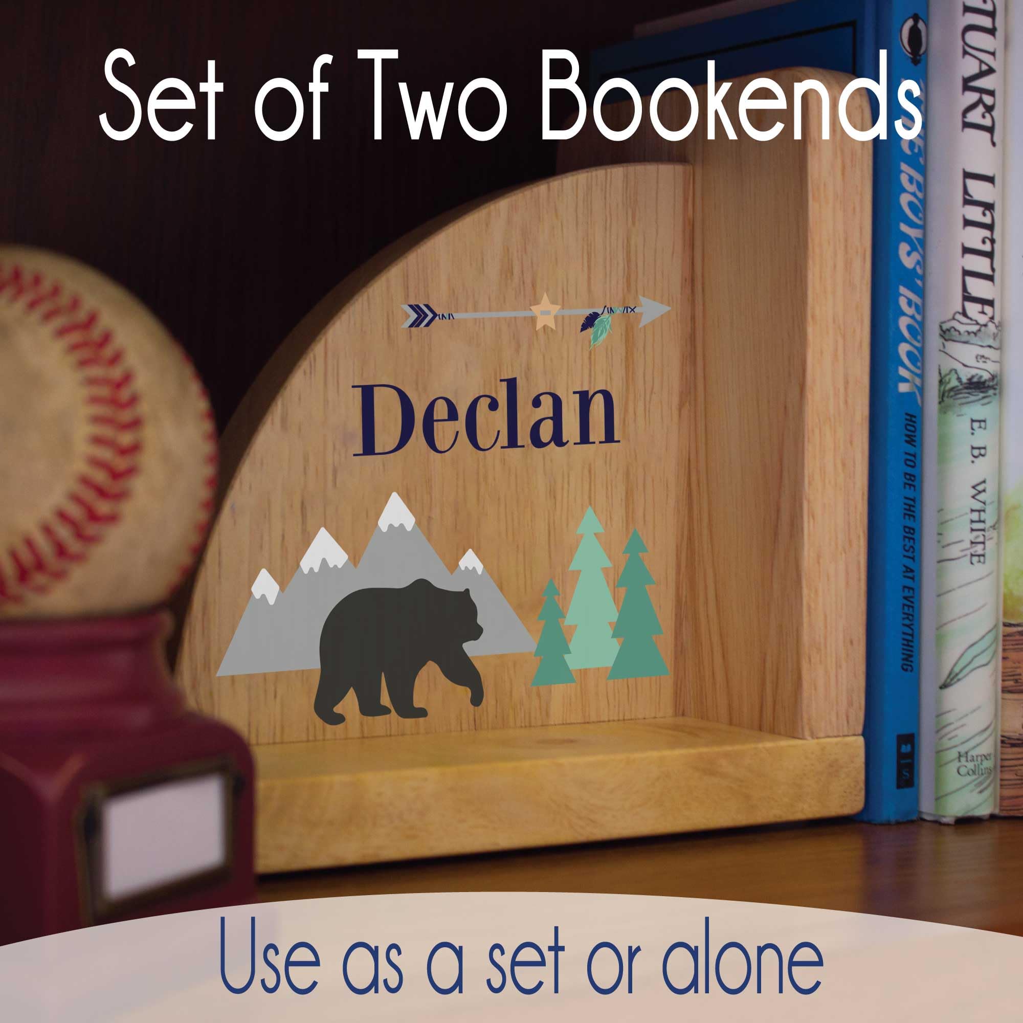 Personalized Wooden Bookends with Stitched Stars - Handmade Natural Wood Book Holders for Kids, Children's Room Decor, Desk Organizer & Bookshelf Display - Perfect for Nursery, Study Room & Gift Giving