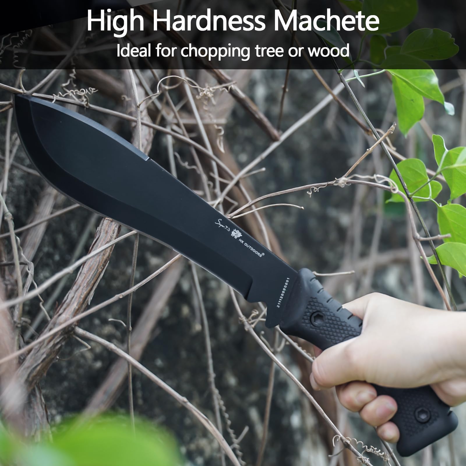 HX Outdoors 14 Inch D2 Steel Bush Machete Kukri Knife - Full Tang Survival Knife with Kydex Sheath for Gardening, Camping, Hiking & Brush Clearing | Heavy Duty Outdoor Tool for Wilderness Survival & Yard Work (Black)