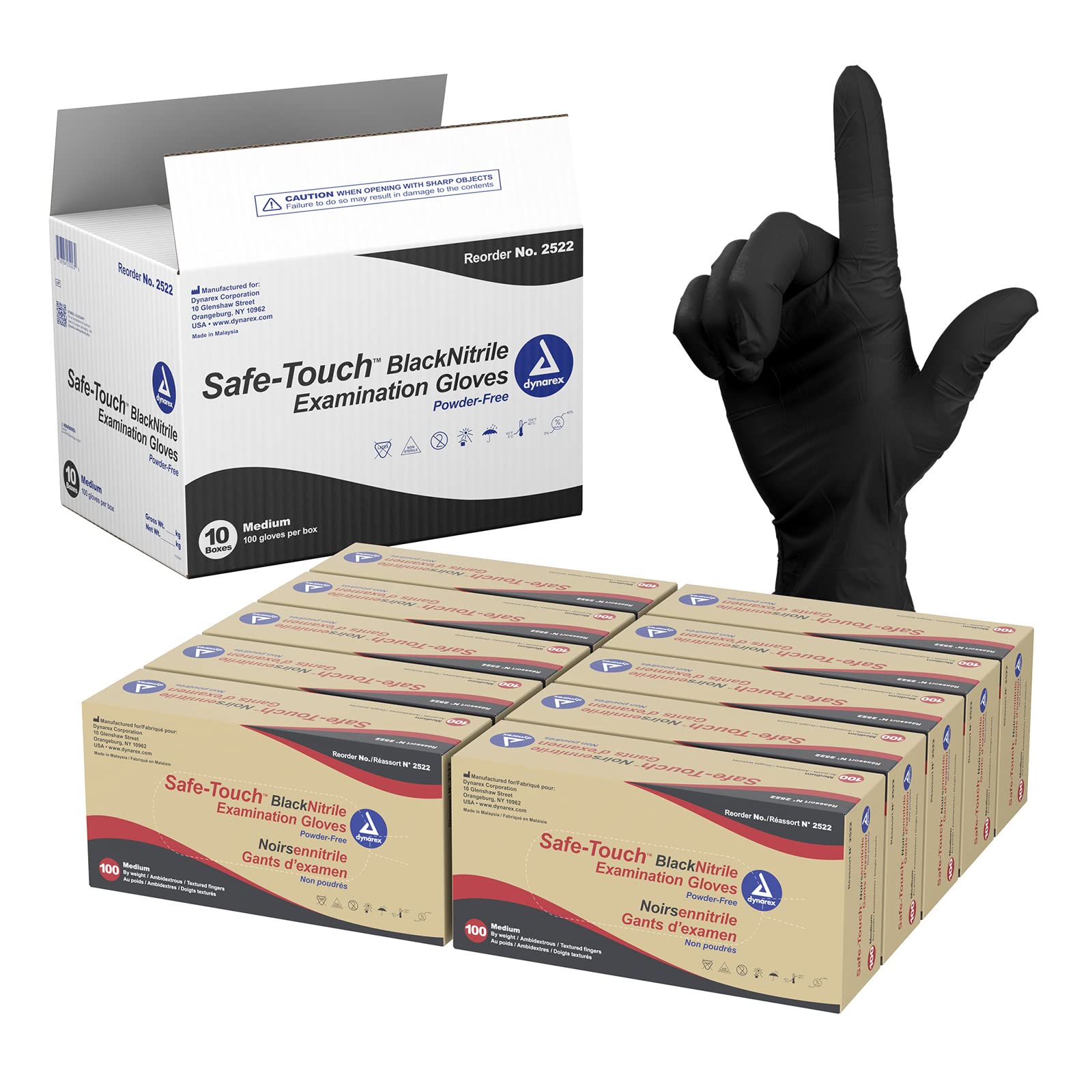 Dynarex Safe-Touch Black Disposable Nitrile Exam Gloves - Powder-Free, Medium (1 Case of 10 Boxes x 100 Gloves) - Medical Grade, Latex-Free for Healthcare, Food Service & Tattoo Parlors - Ideal for Doctors, Nurses, Tattoo Artists & Food Handlers