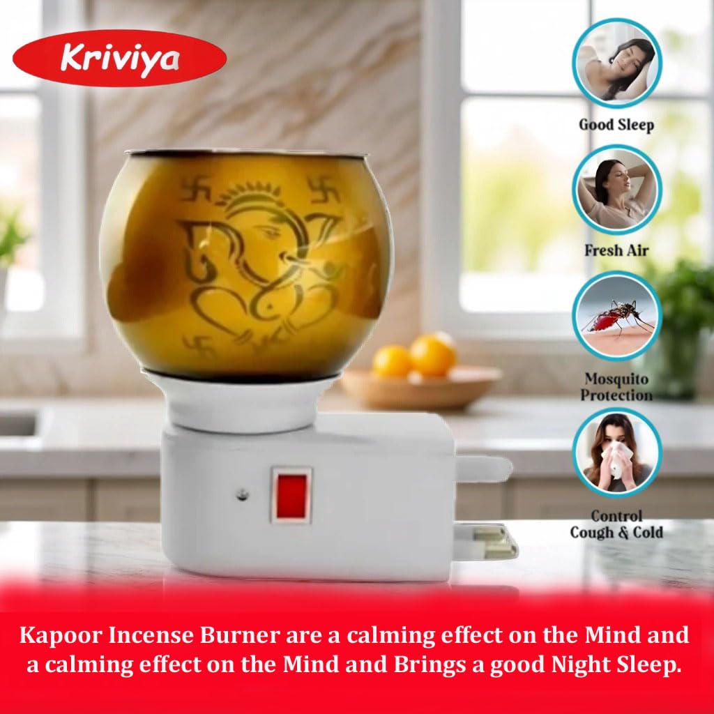 Kriviya Electric Camphor Diffuser with Ganesh & Swastik Design - Multifunctional Aroma Burner, Incense Holder & Night Light for Home, Office, Temple & Meditation Room (Model C-03) | Perfect for Puja, Relaxation & Aromatherapy