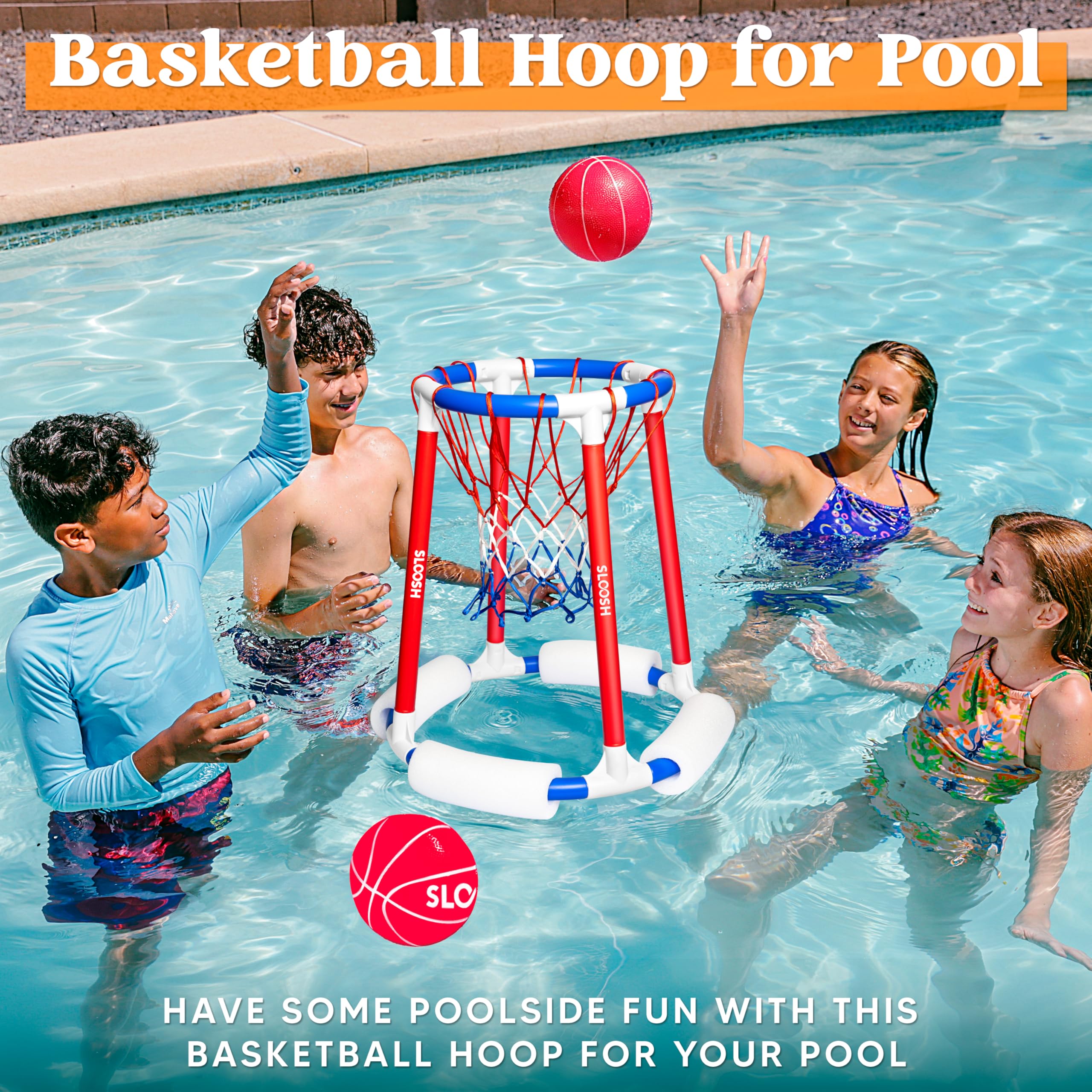 **Sloosh Pool Basketball Hoop - Floating Water Basketball Game with Balls & Pump - Fun Outdoor Swimming Pool Toy for Kids & Adults (Red & Blue) - Perfect for Summer Parties, Beach Trips & Backyard Fun**
