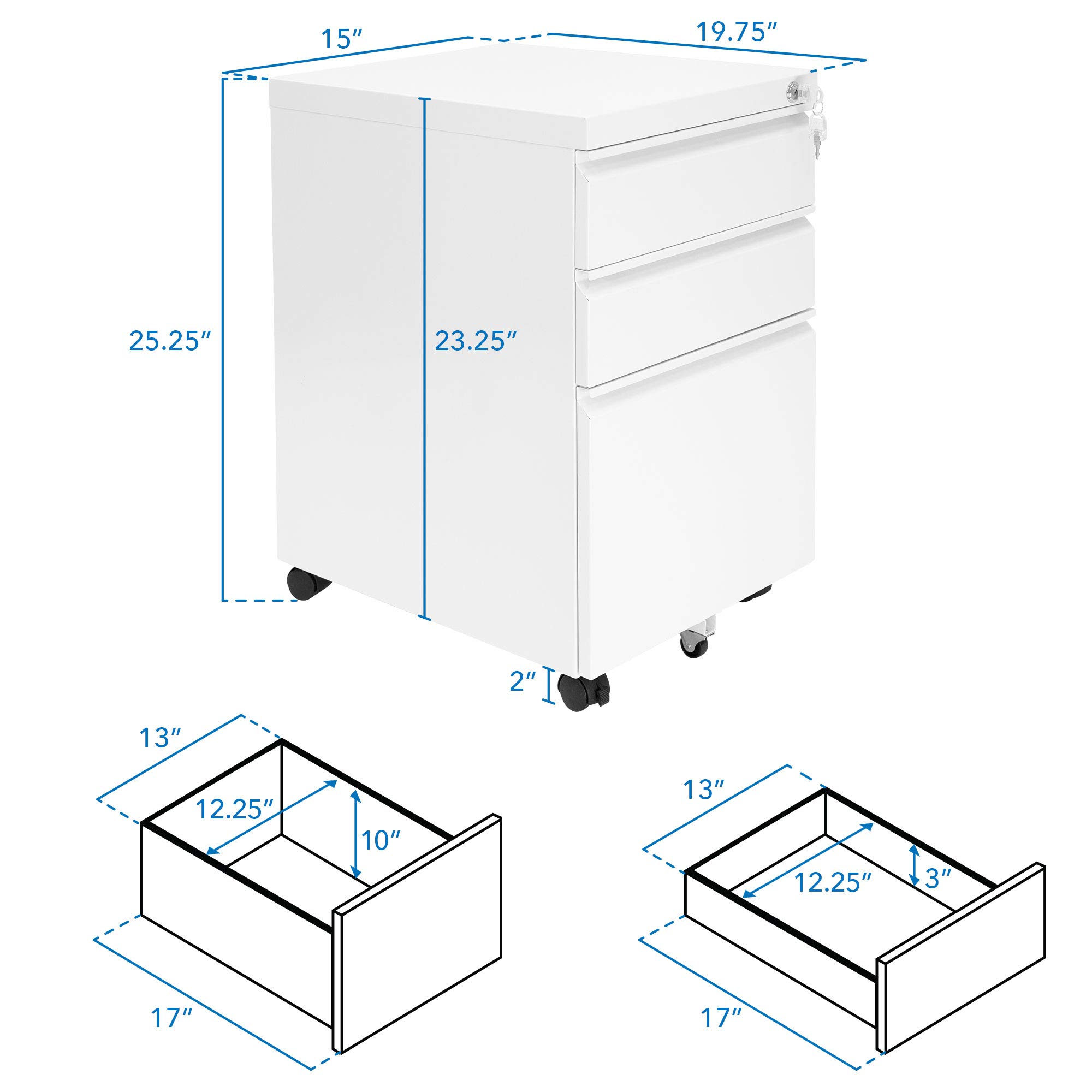 Mount-It! 3-Drawer Rolling File Cabinet with Lock - Under Desk Mobile Storage Organizer for Office Supplies, Documents & Materials - Space Saving Solution for Home & Office Workspaces (White) - Perfect for Small Spaces & Clutter-Free Organization