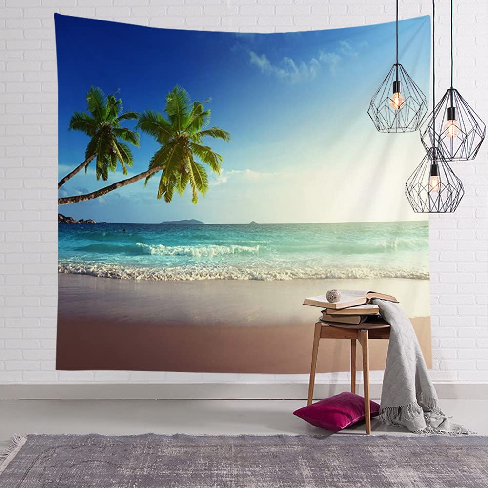Bknnami Scenic Surf Mahe Sunset Tapestry - Seychelles Seascape Yellow Island Beach Wall Art Decor (60x60 Inches) for Bedroom, Living Room & Outdoor Spaces - Perfect Tropical Nature Theme for Home, Dorm or Vacation Rental