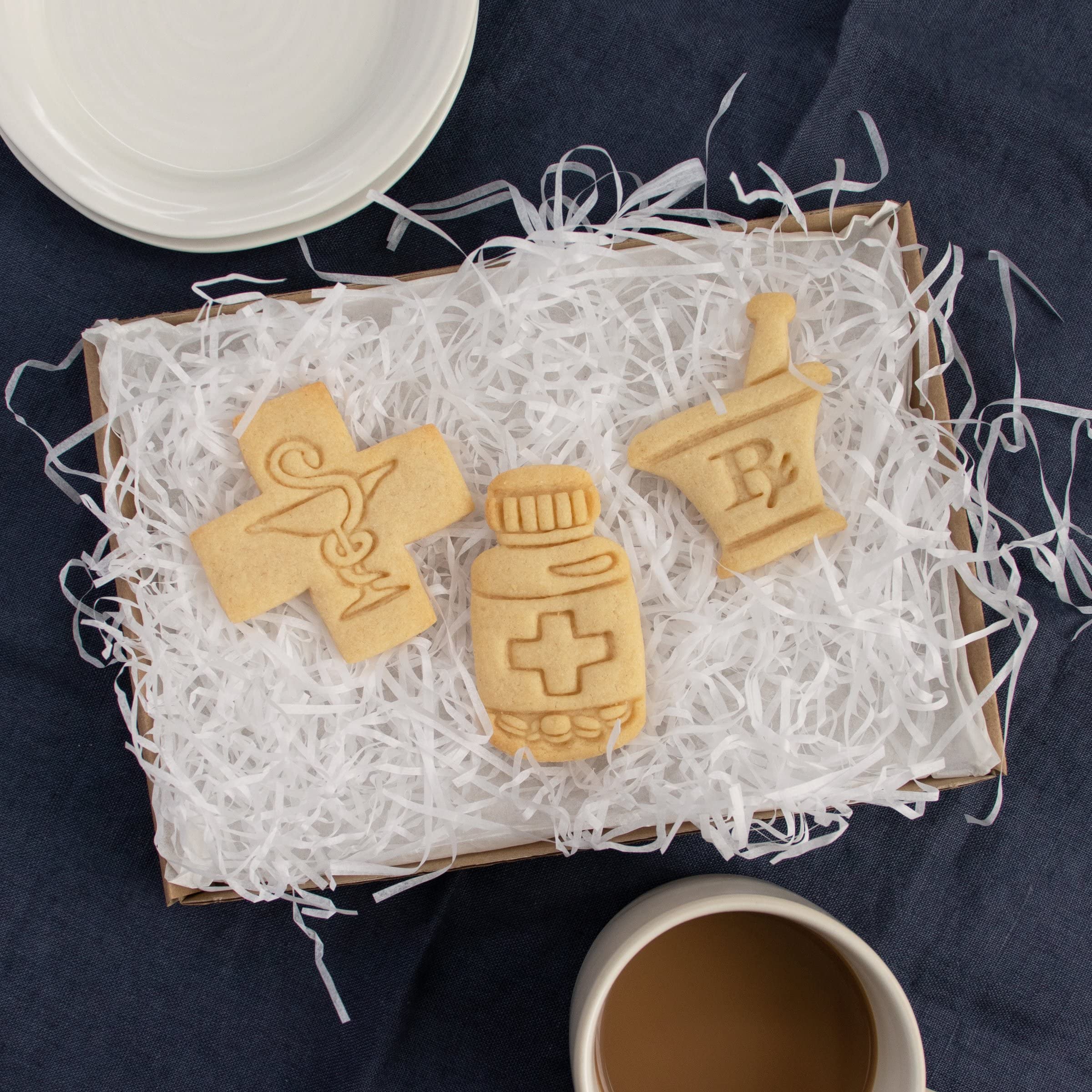 Set of 3 Pharmacy-Themed Cookie Cutters - Pill Bottle, Mortar & Pestle, Pharmacy Logo | 3-Piece Baking Tools for Medical-Themed Cookies, Pharmacist Gifts & Healthcare Party Decorations