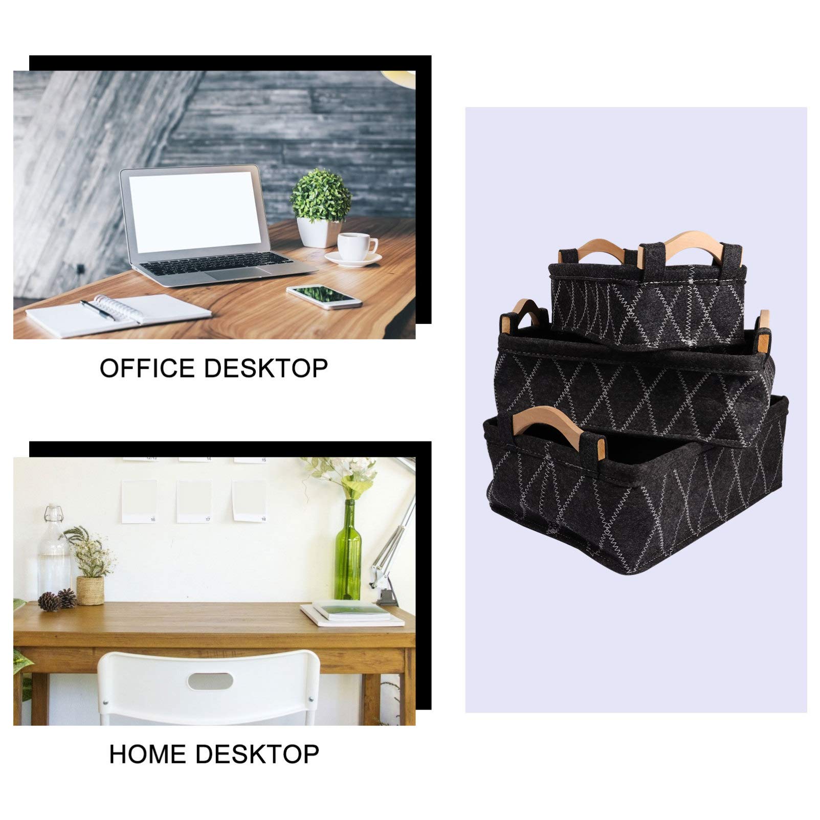 Foldable 3-Piece Felt Storage Baskets with Handles - Cosmetic Organizer, Desk & Drawer Organizer, Pet Toy Storage Bin | Perfect for Makeup Vanity, Office Supplies & Home Organization