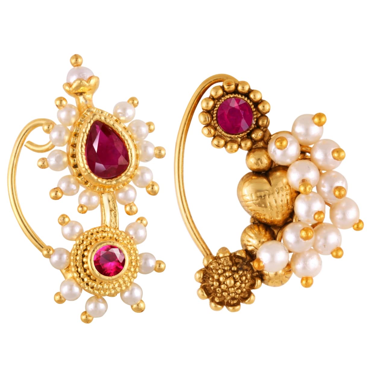Vighnaharta Golden Moti Pearls Nath Nathiya Nose Pin - Gold Plated Alloy Two Nose Rings Set - Valentine's Day Gift for Her/Him - Traditional Indian Jewelry for Weddings, Festivals & Special Occasions [VFJ1165-1168NTH-Press-Red]