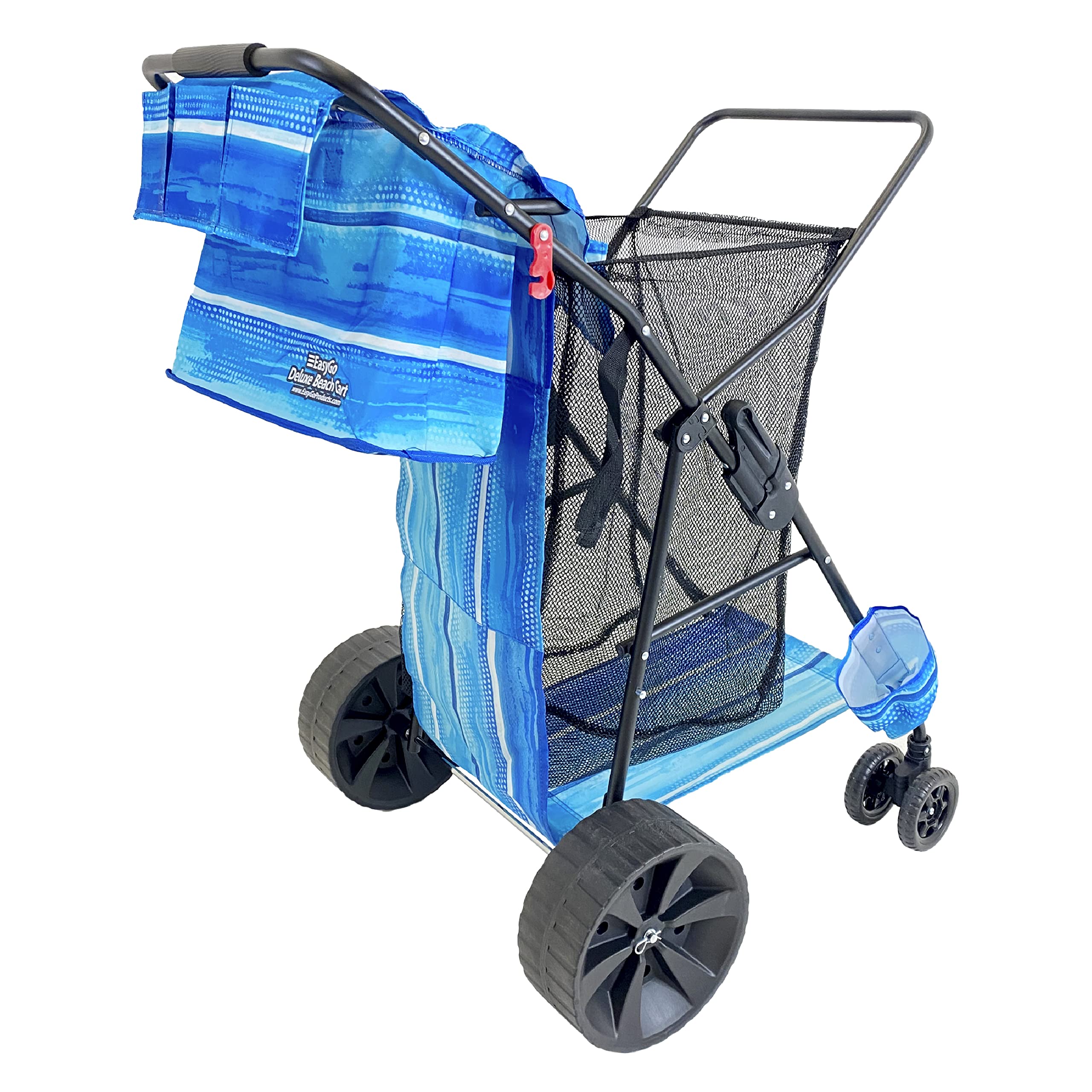 Premium Heavy Duty Folding Beach Cart with Large Sand Wheels - Holds 4 Chairs & Umbrella, Removable Storage Bag (Blue Striped) - Perfect for Beach Trips, Camping, Picnics & Outdoor Adventures