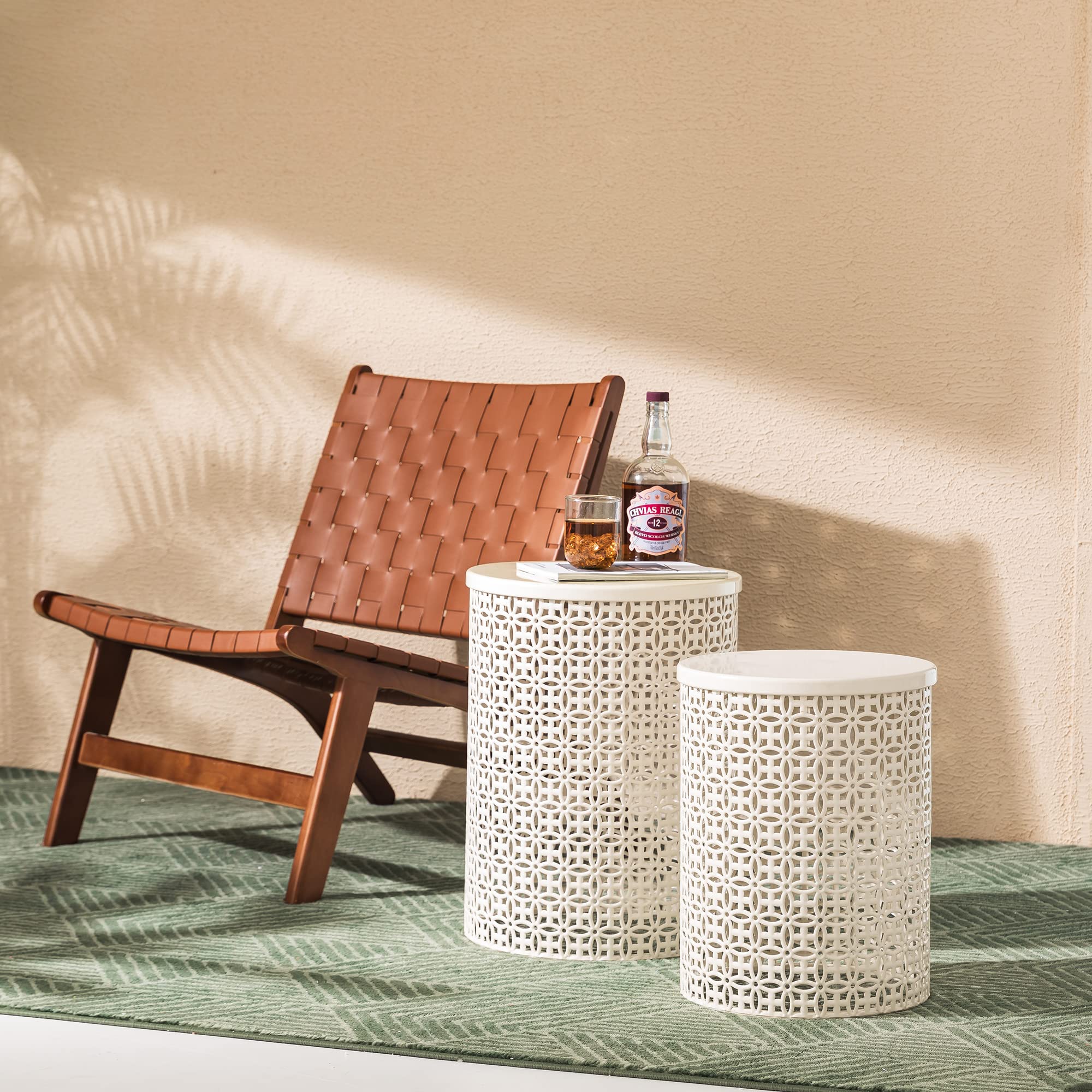 Glitzhome 2-Piece Outdoor Side Table Set - Heavy Duty Metal Frame Modern End Table for Garden, Patio, Balcony & Indoor Use - Cream White Accent Table for Living Room, Bedroom & Outdoor Decor