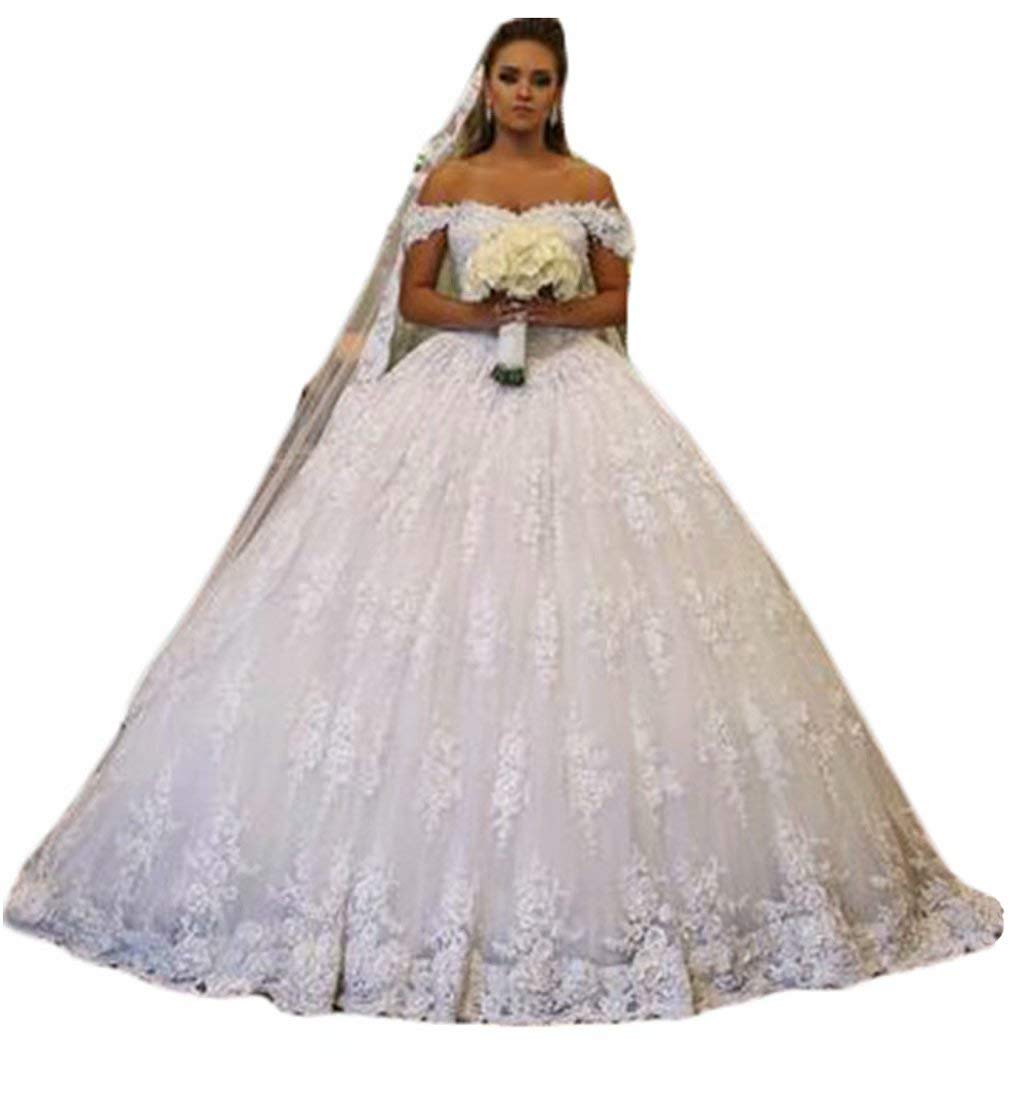 Elegant Off-The-Shoulder Lace Tulle Wedding Dress with Train - Ball Gown Bridal Gown for Bride | Perfect for Church Ceremonies, Beach Weddings & Formal Receptions