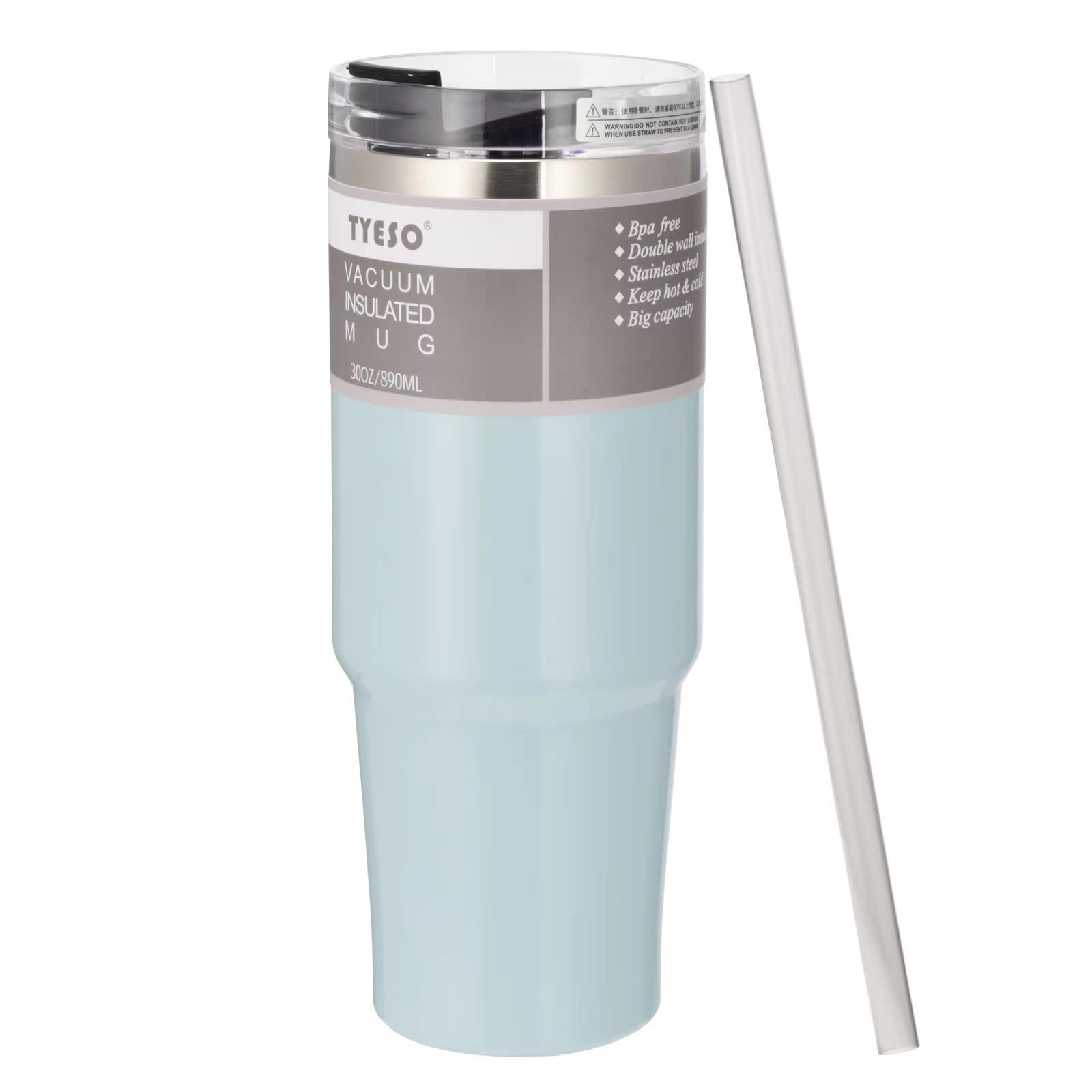 TYESO 30oz Stainless Steel Vacuum Insulated Tumbler with Lid & Straw - Leakproof Coffee Travel Mug for Hot & Cold Drinks - Perfect for Office, Gym, Hiking & Outdoor Activities (Blue, 30oz/890ml)