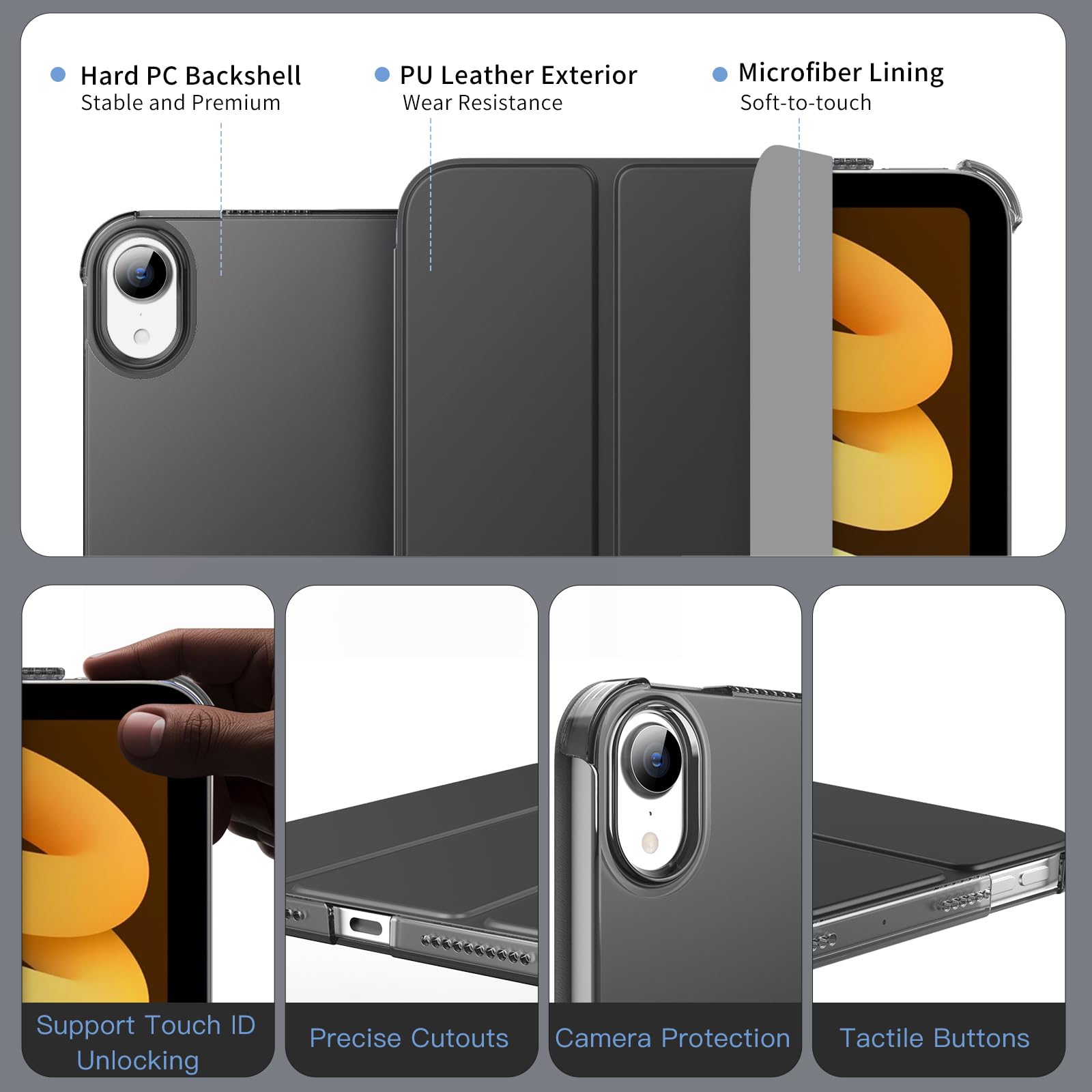 MoKo Slim Lightweight iPad Mini 7 (A17 Pro) & iPad Mini 6 Case - 8.3 Inch Protective Hard Back PC Shell Cover with Stand | Auto Wake/Sleep | Touch ID Compatible | Space Gray | Perfect for Work, Travel & Home Use