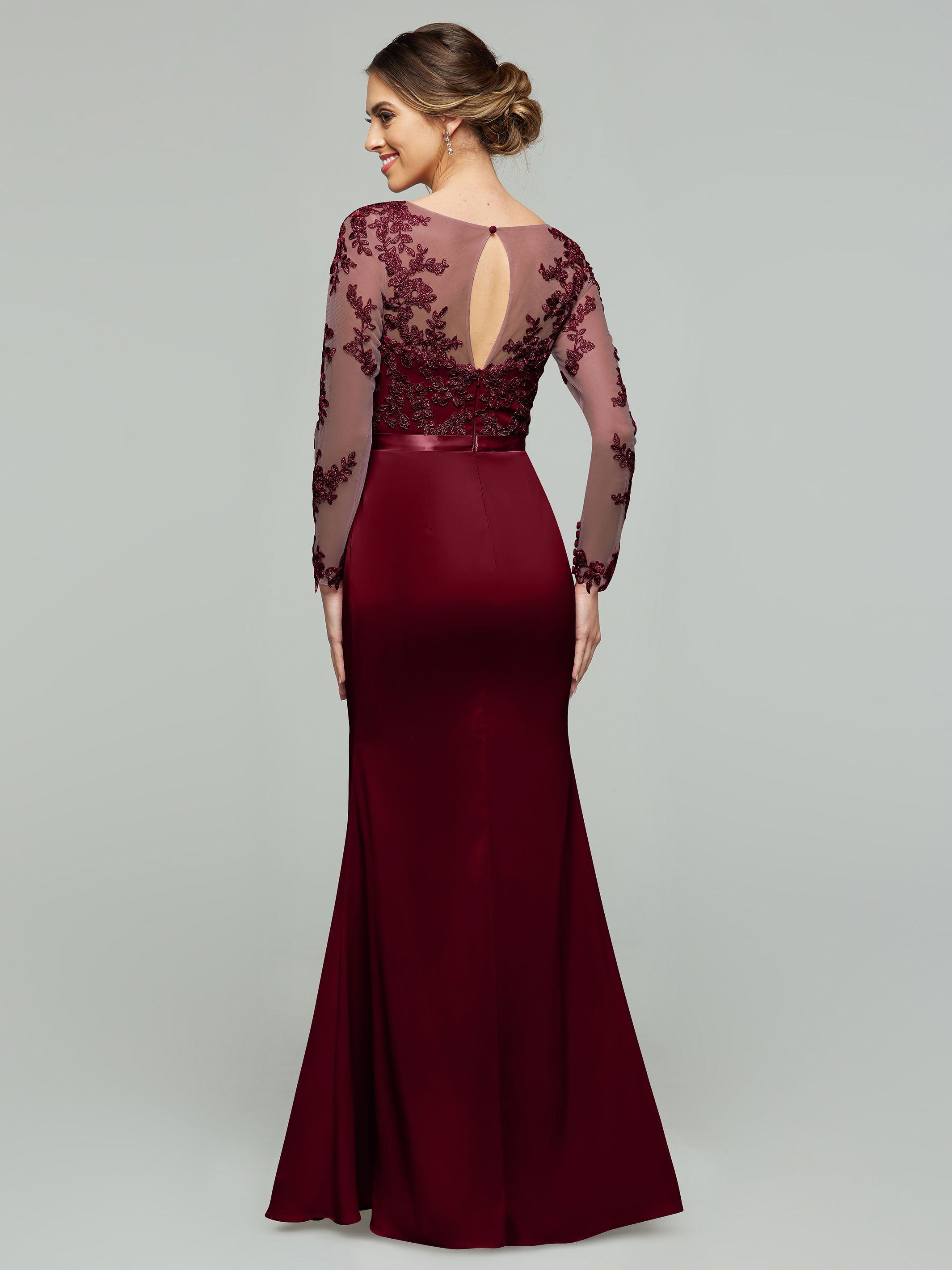 Elegant 80190 Chiffon & Lace Mermaid Bridesmaid Dress with Illusion Long Sleeves - Perfect for Weddings, Proms & Formal Events
