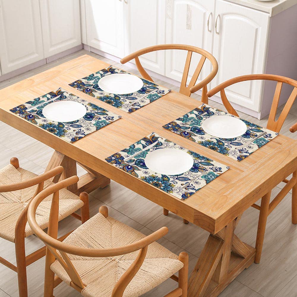 Luxury Floral Placemats Set of 4 - Premium Linen Rectangular Table Mats 18x12 Inch - Elegant Dining Room Decor for Kitchen, Dinner Party & Home Entertaining