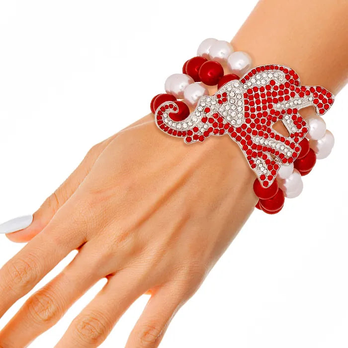 Elegant Red & White Stone Elephant Stretch Pearl Bracelet – Boho Chic Jewelry for Women, Perfect for Parties, Weddings & Everyday Wear