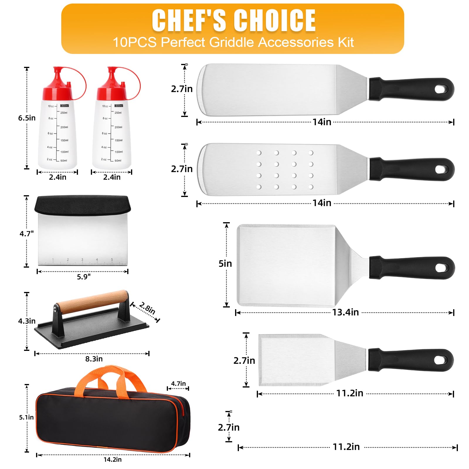 10PCS Griddle Accessories Kit - Flat Top Grill Tools Set with Smash Burger Press, Enlarged Spatulas & Scraper - Compatible with Blackstone & Camp Chef Grills - Perfect for Outdoor BBQ, Camping & Backyard Cooking