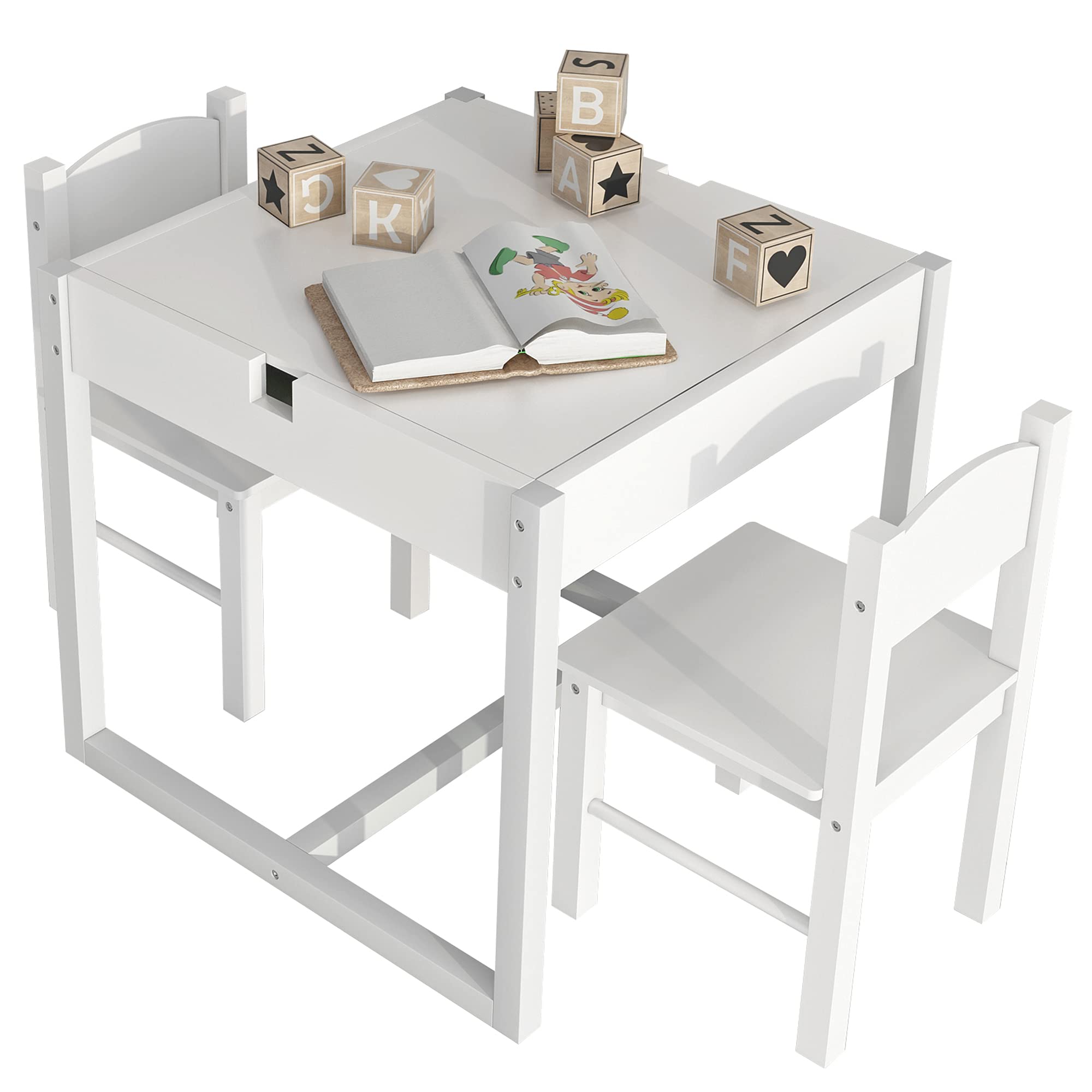 4NM 3-in-1 Kids Table and Chairs Set for Toddlers Ages 3-7 - Wooden Play Activity Table with Hidden Storage, Building Block Desk - White & Green - Perfect for Playroom, Preschool Learning, and Creative Activities