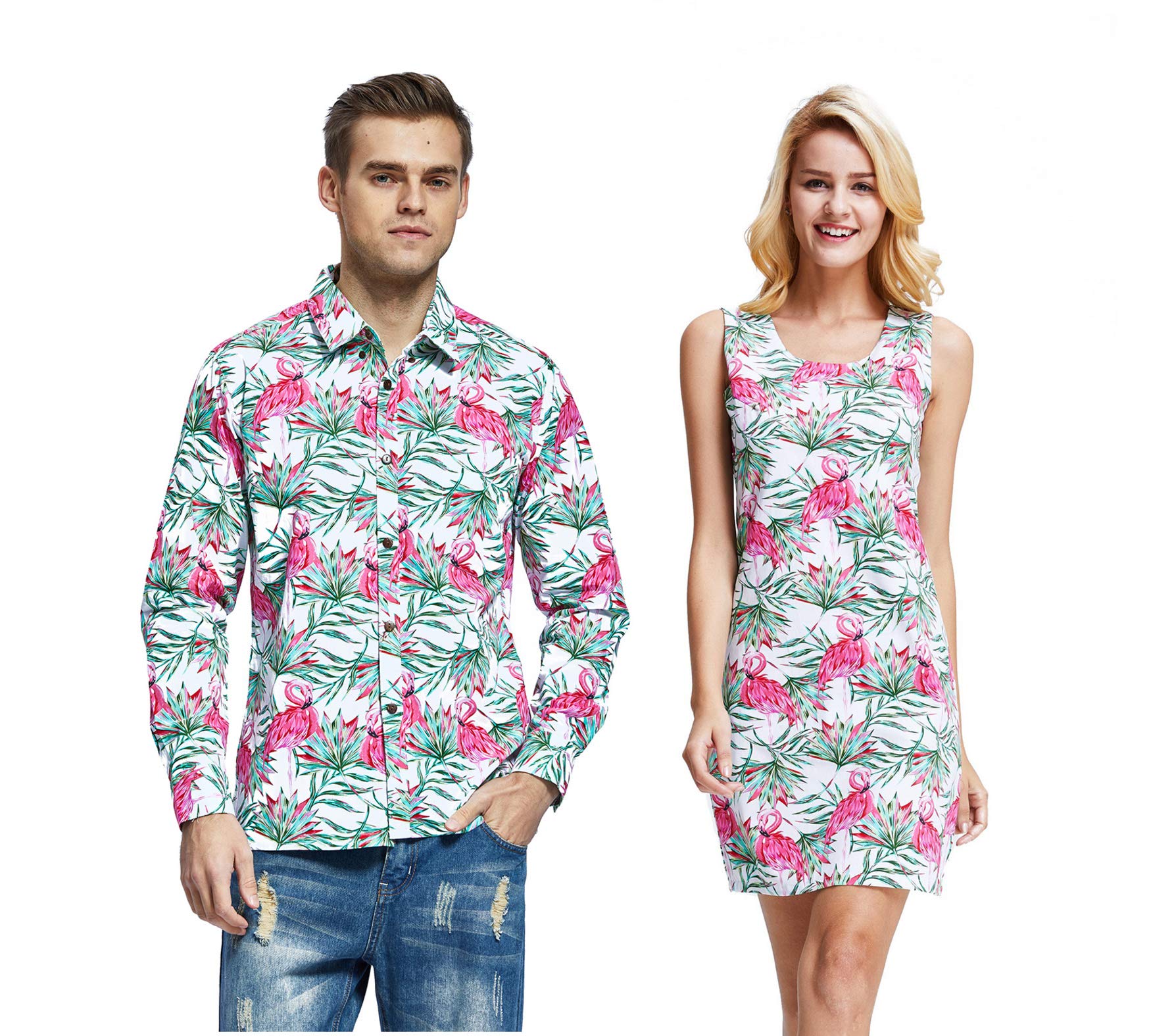Couple Matching Hawaiian Luau Cruise Outfits - Flamingo in Love Shirts & Tank Dresses for Beach Vacations, Tropical Getaways & Romantic Date Nights