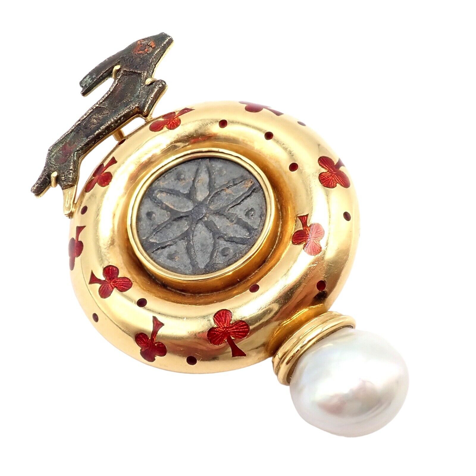 Vintage Elizabeth Gage 18k Yellow Gold Pearl Ancient Coin Enamel Hare Pin Brooch - Elegant Jewelry for Women, Perfect for Vintage Lovers, Special Occasions & Collectors