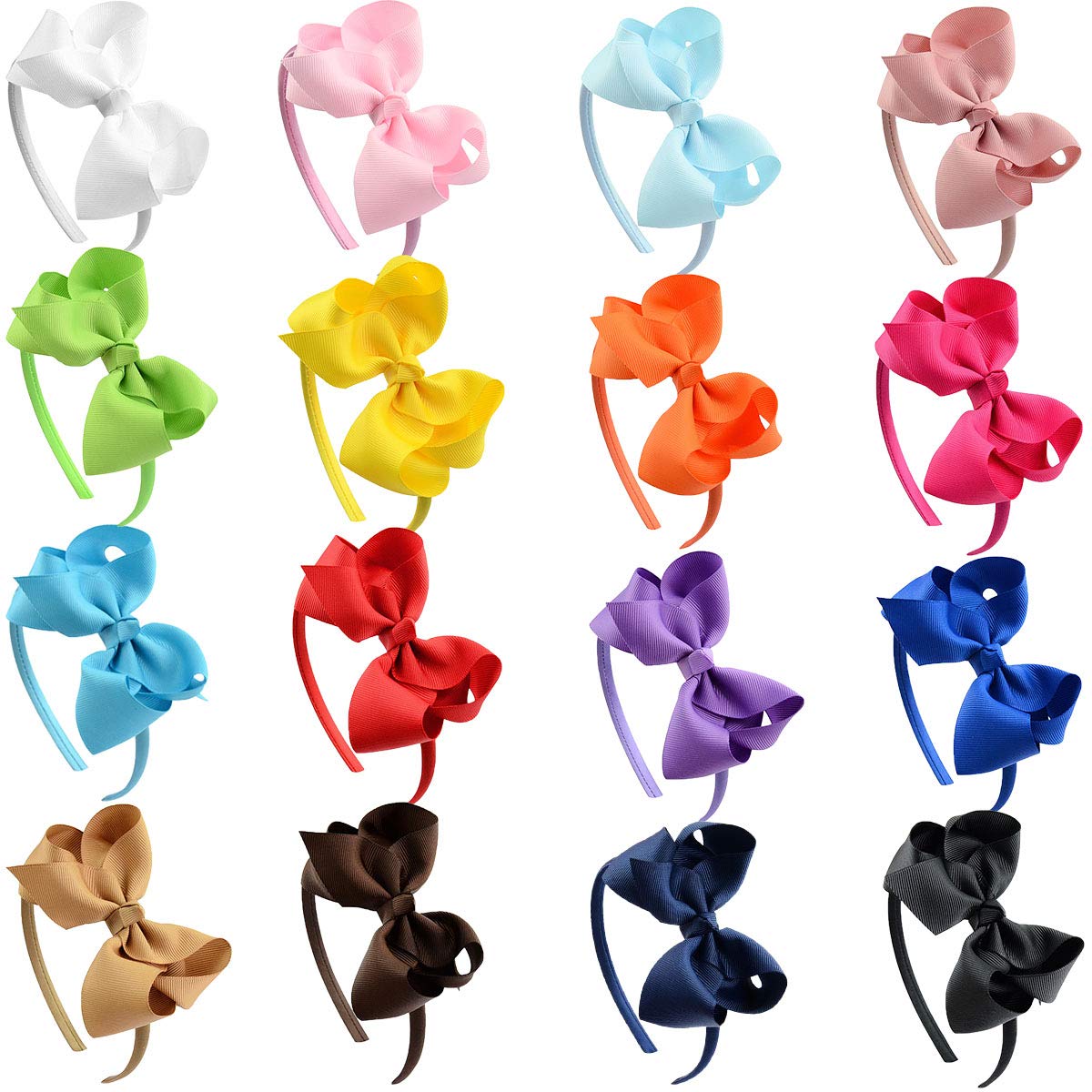 16 Pack Hair Bows for Girls - Plastic Headbands with Grosgrain Ribbon, Cute Hair Hoops & Hair Accessories for Baby, Toddler & Kids - Perfect for Parties, School & Daily Wear