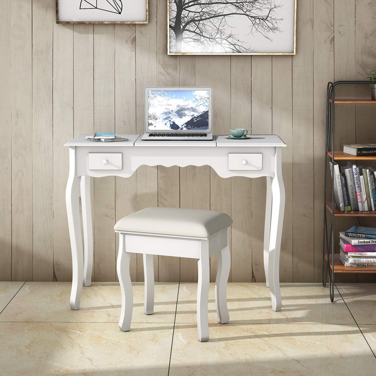 Dual Purpose Vanity Set with Mirror & Stool - MDF Makeup Desk for Daily Use