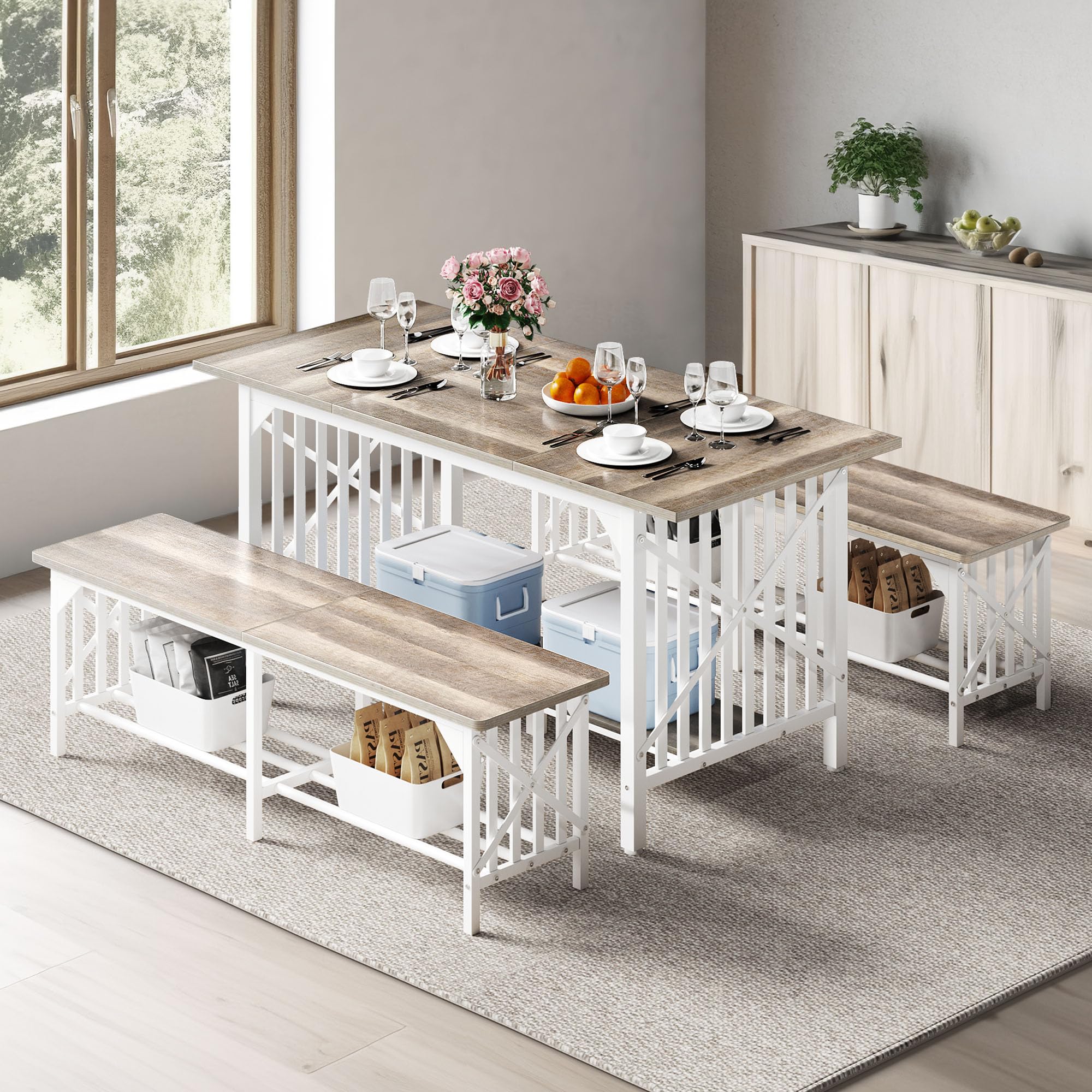 DWVO 3-Piece Industrial Dining Table Set with Storage - 63