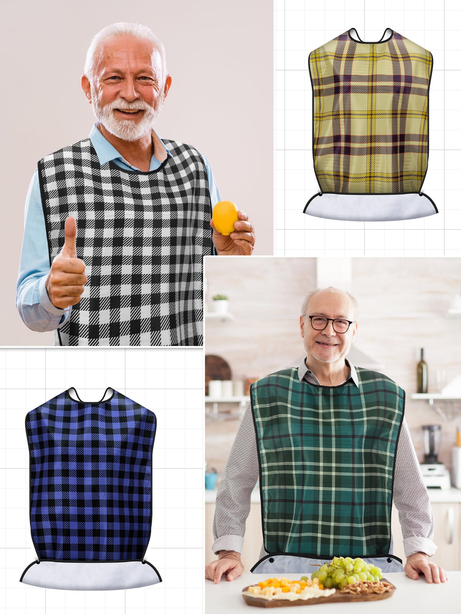 10 Pack Reusable Washable Waterproof Adult Bibs with Crumb Catcher - Large Eating Bibs for Men, Women & Elderly - Assorted Plaid Patterns - Perfect for Dining, Nursing Homes & Mealtime Protection