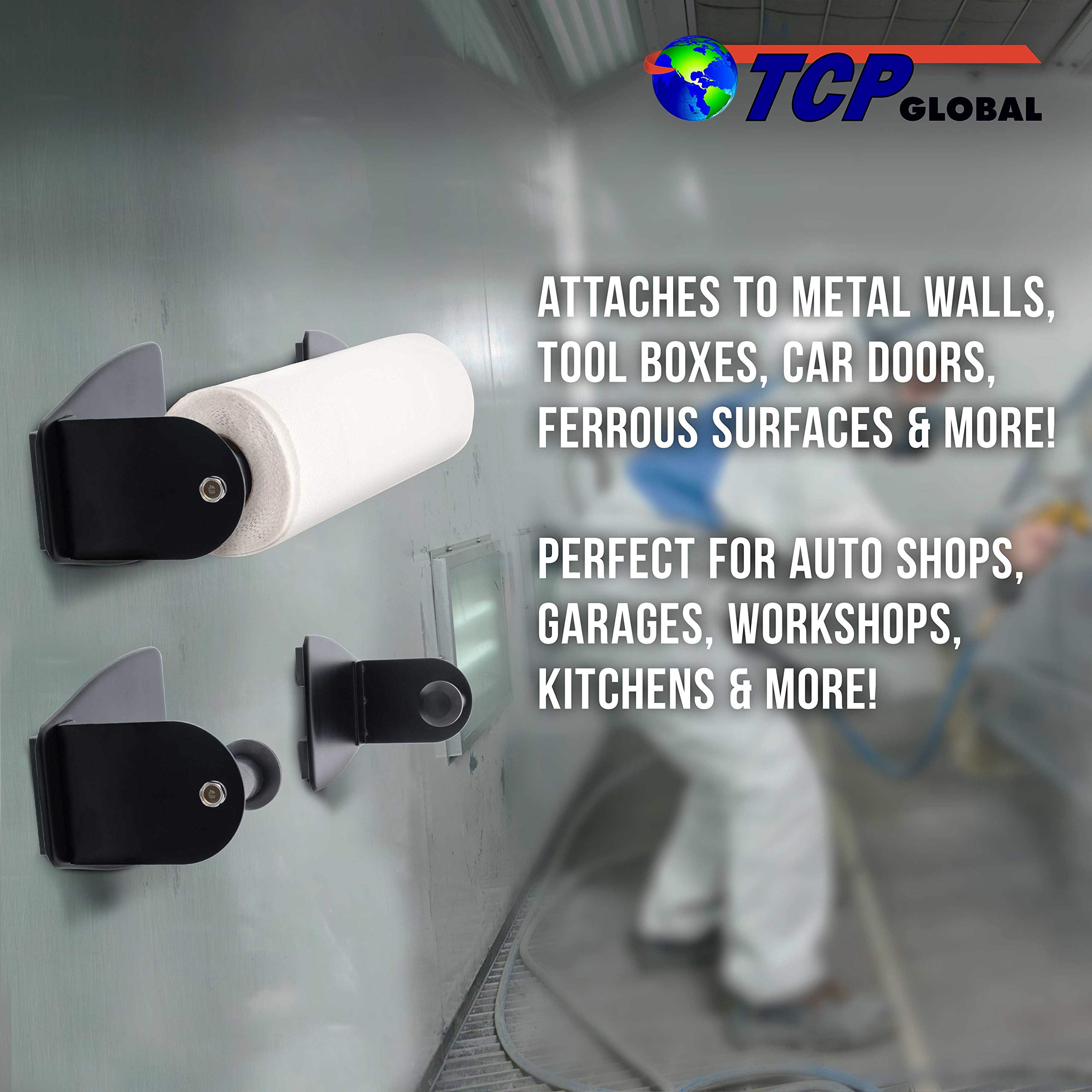 TCP Global Magnetic Paper Towel Holder - Heavy Duty Steel Roll Holder for Kitchen, Garage & Workshop - Securely Mounts on Tool Boxes, Fridges, BBQs - Ideal for Paper Towels, Shop Wipes & Tissues (Perfect for Cooking, Cleaning & DIY Projects)