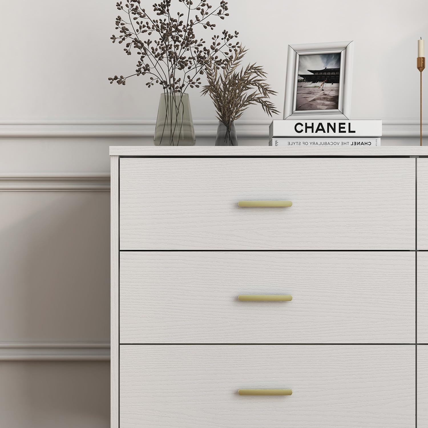 Modern 6-Drawer Wooden Dresser - Solid Wood Lateral Chest of Drawers with Wide Storage Drawers & Gold Metal Handles for Bedroom, Living Room, Hallway | Perfect for Closet Organization, Home Decor & Entryway Storage