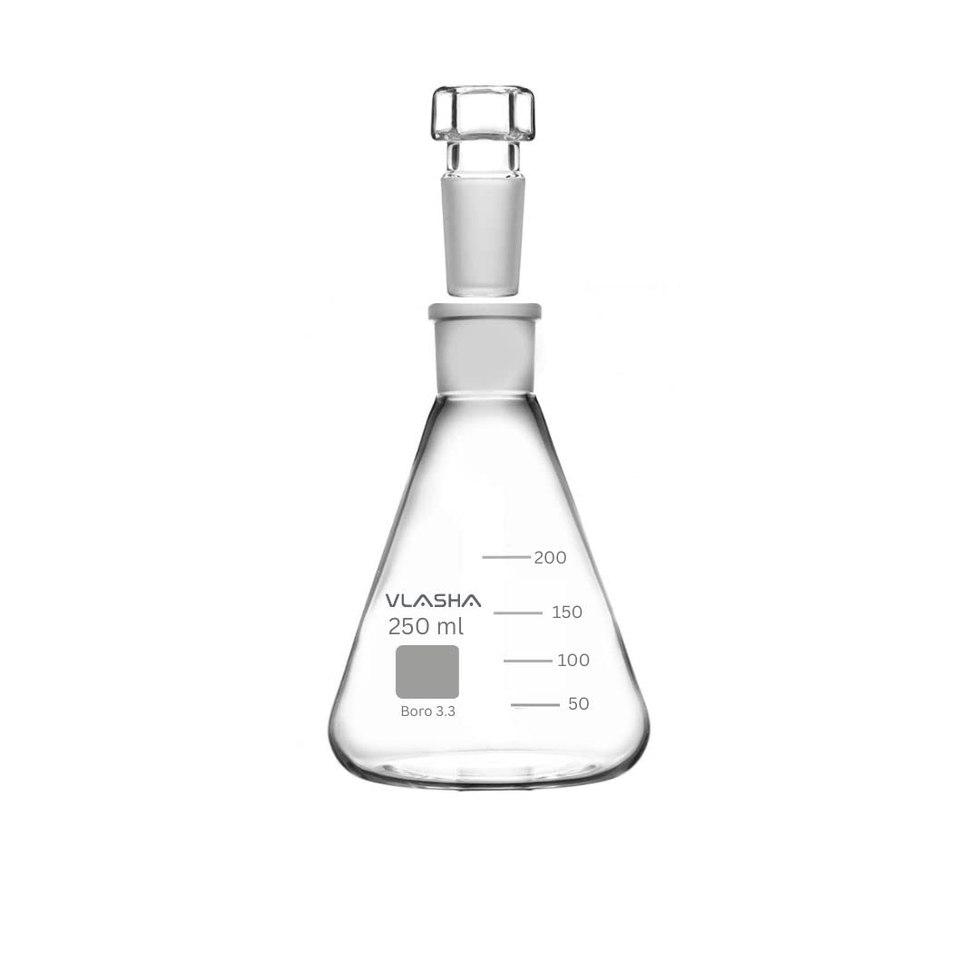 VLASHA 250ml Borosilicate Glass Conical Flask with Glass Stopper - Lab Grade, Graduated Erlenmeyer Flask for Chemistry, Science Experiments, Schools & Hospitals (Pack of 1) | Perfect for Mixing Solutions, Titration & Scientific Research
