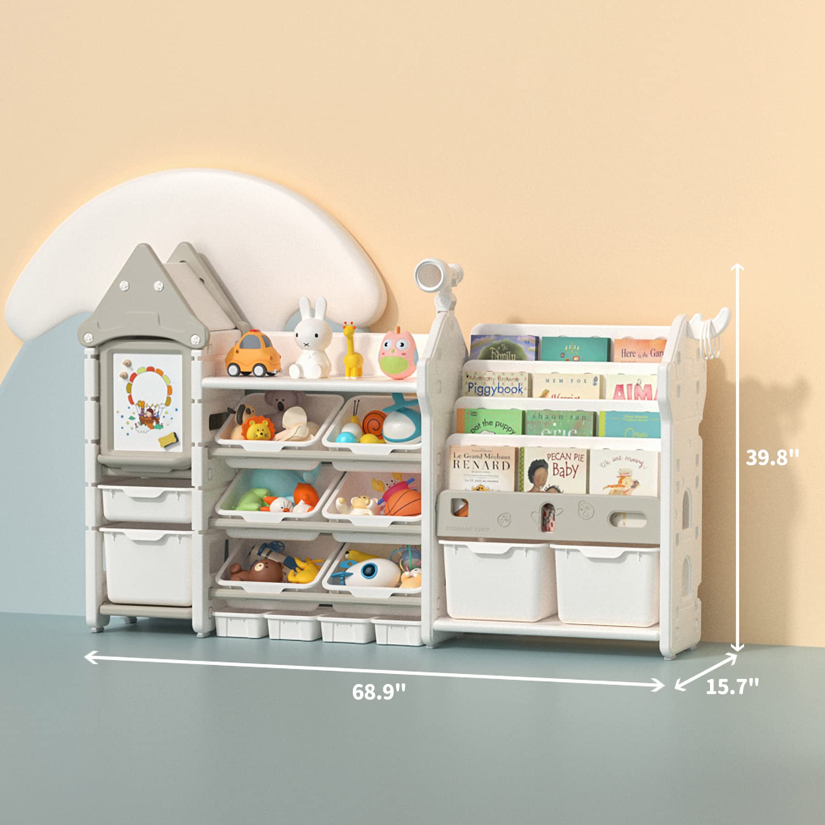 UNICOO Kids Toy Storage Organizer & Bookshelf with Bins - Multifunctional Toy Shelf Organizer for Playroom, Nursery, Bedroom - Perfect for Organizing Toys, Books, and Kids' Room Decor
