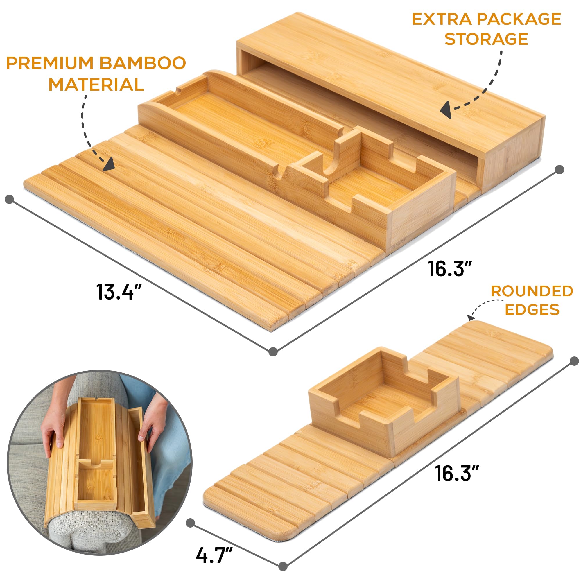 Premium Bamboo Couch Cup Holder Tray Set - Large & Small Non-Slip Drink Holder Caddy with Side Pocket Storage - Universal Sofa Arm Tray for Couches, Recliners & Loveseats - Perfect for Movie Nights, Gaming Sessions & Relaxing with Drinks & Snacks