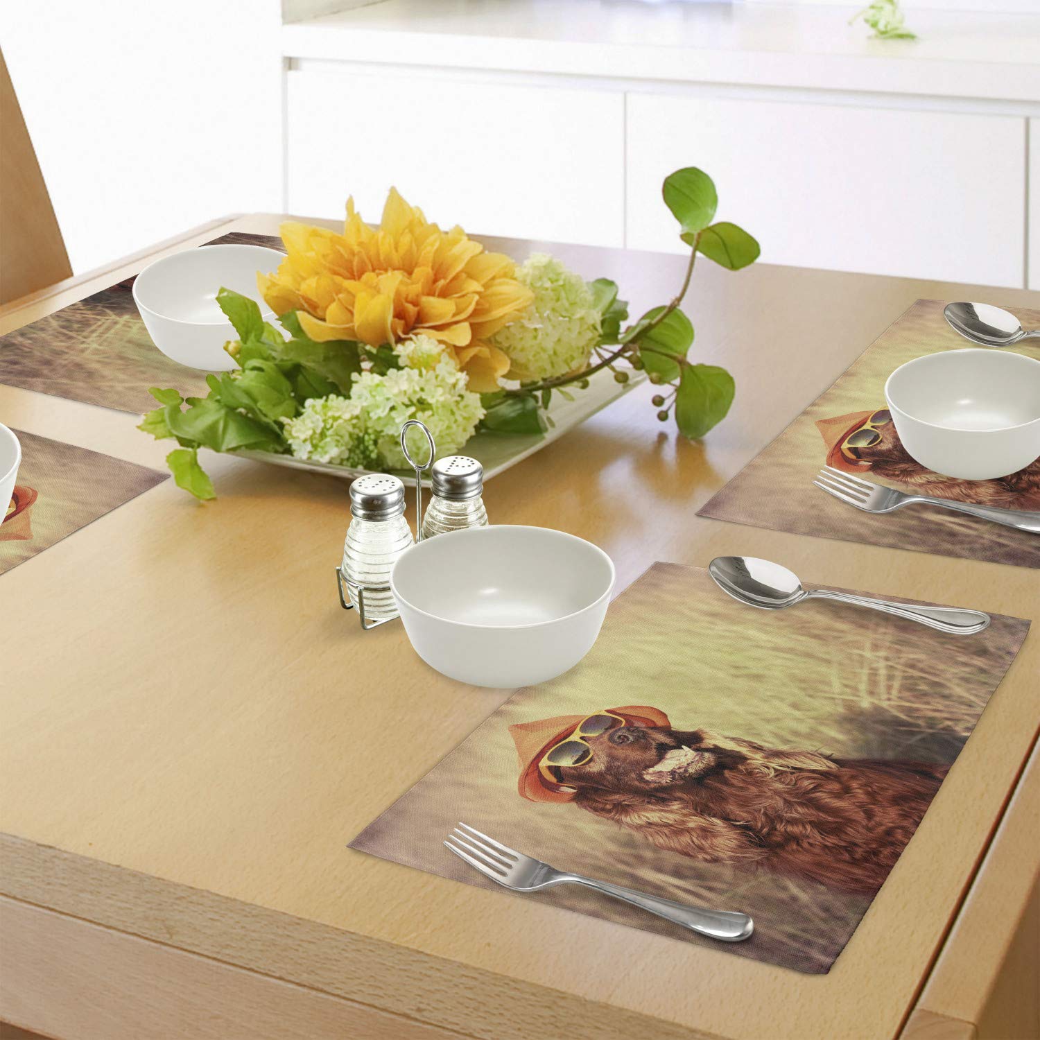 Ambesonne 4-Piece Animal Placemats Set - Funny Retro Irish Setter Dog with Hat & Sunglasses Design - Washable Fabric Table Mats for Dining Room & Kitchen Decor (Red/Brown/Tan) - Perfect for Family Dinners, Parties, and Pet Lover Home Decor