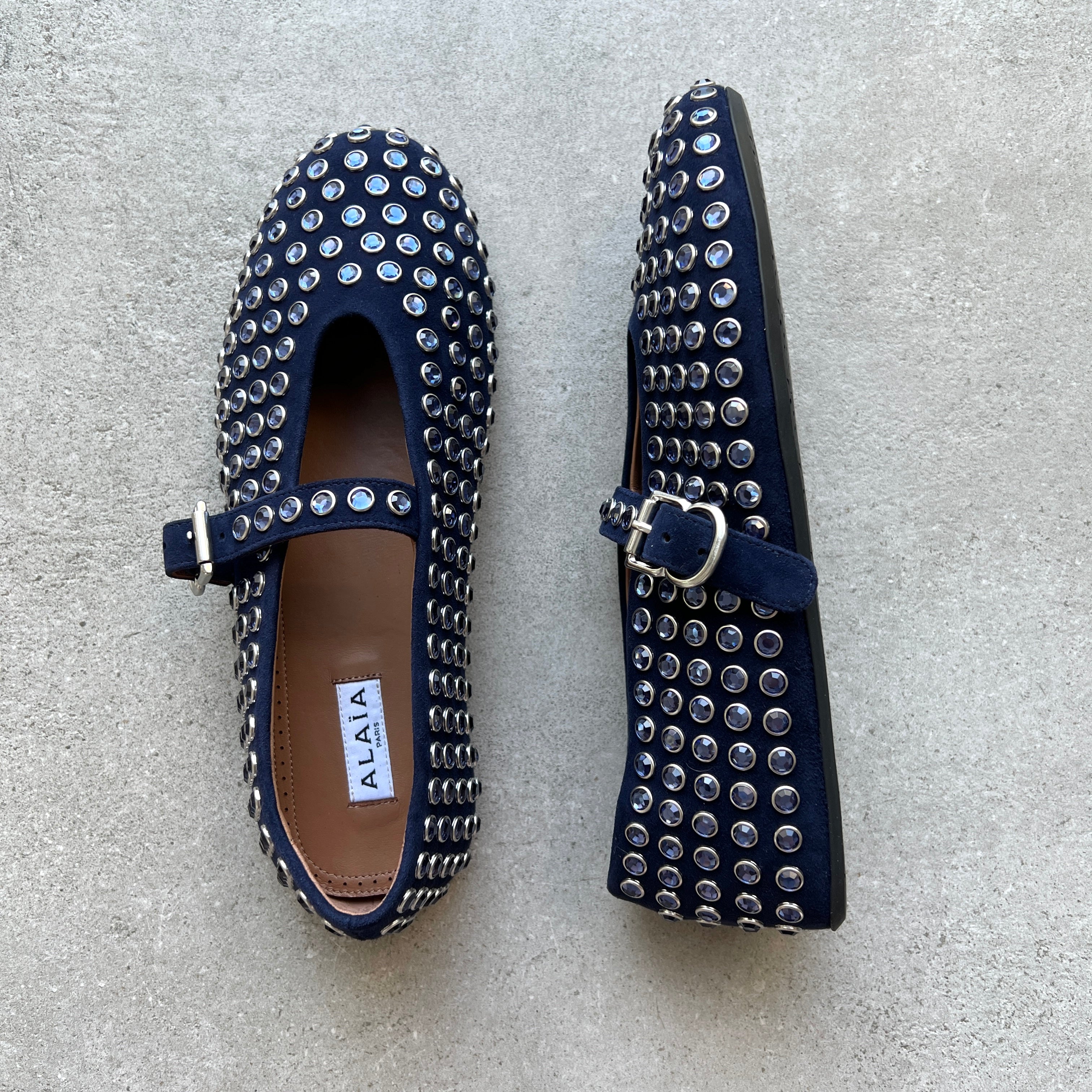 Blue Suede Ballet Flats with Rhinestones - Comfortable Women's Shoes for Work, Party & Everyday Wear