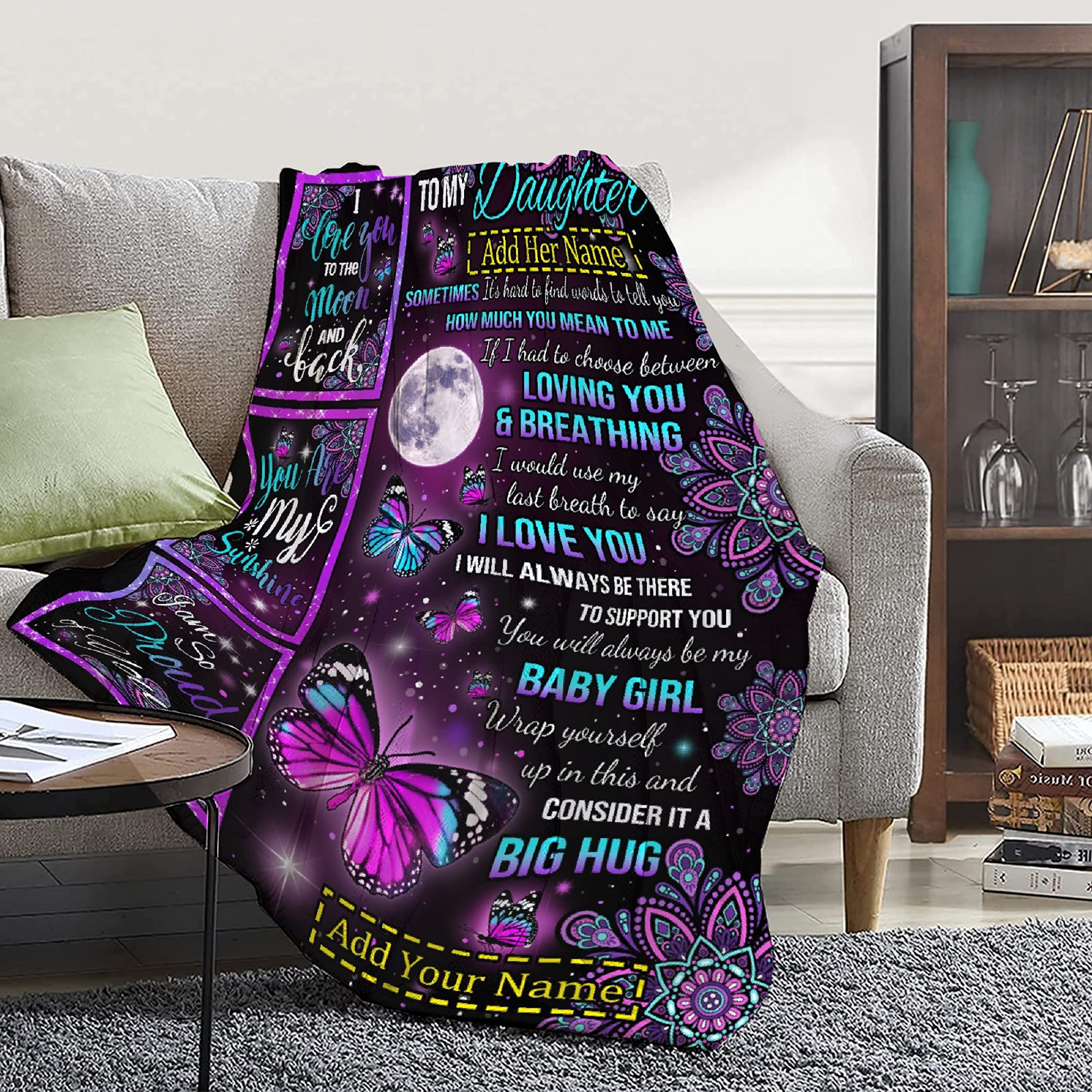 Personalized Custom Fleece Blanket for Daughter with Name - 90x120 Inches Super Soft Lightweight Flannel Throw - Perfect Gift from Mom & Dad for Birthday, Father's Day - Cozy for Bed, Couch, and Summer Nights