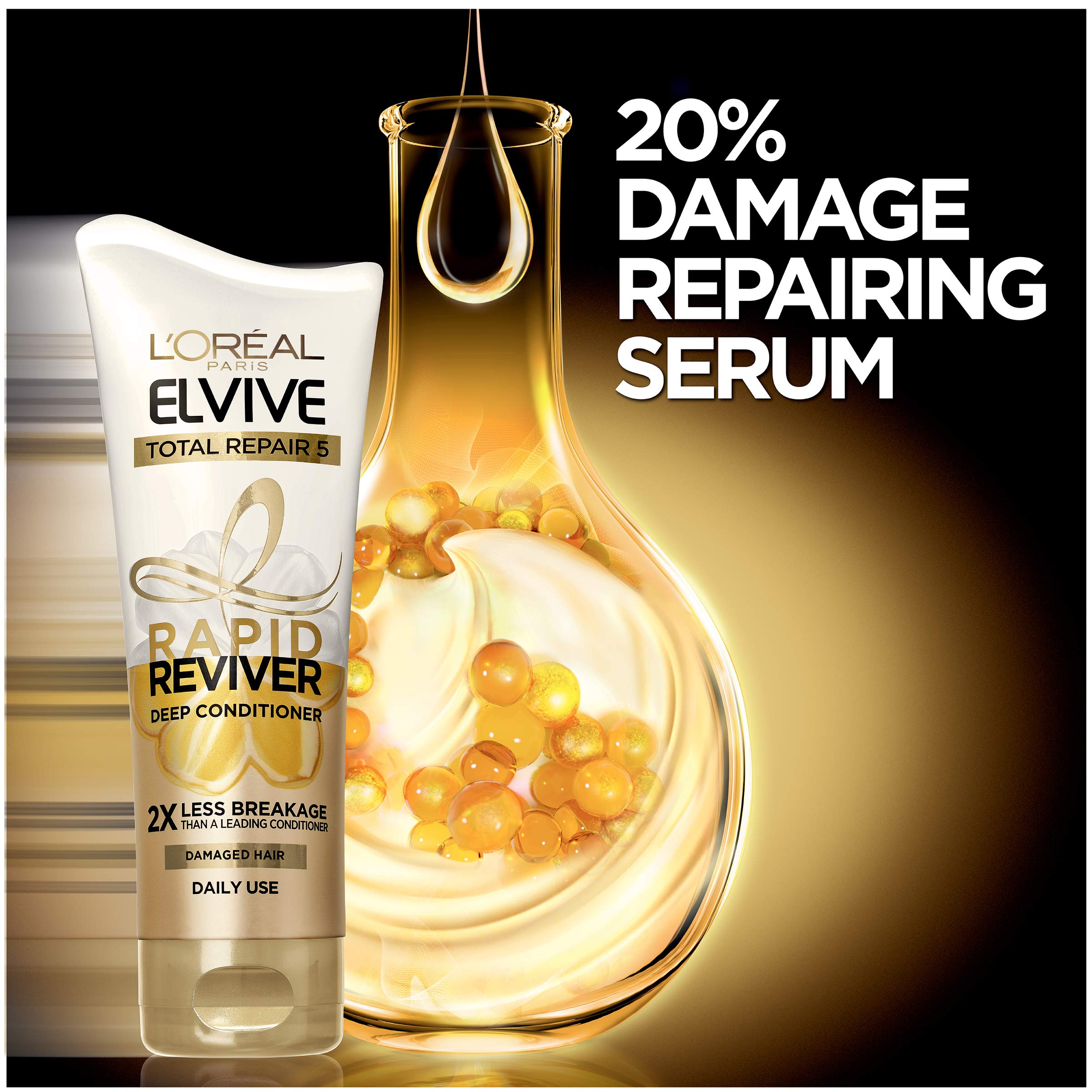 L'Oreal Paris Elvive Total Repair 5 Rapid Reviver Deep Conditioner - Repair Damaged Hair Instantly with Protein & Serum, No Leave-In Time, Heat Protectant, 6 oz | Perfect for Dry, Frizzy & Chemically Treated Hair at Home or Salon