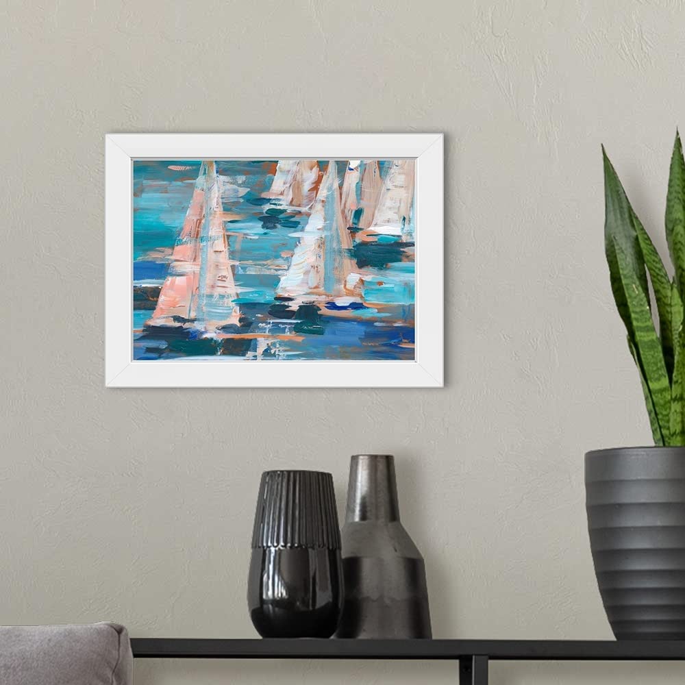 Pop Regatta I White Framed Sailing Art Print - Nautical Wall Decor for Living Room, Bedroom & Office | Premium Framed Sailboat Painting for Home & Office Decor