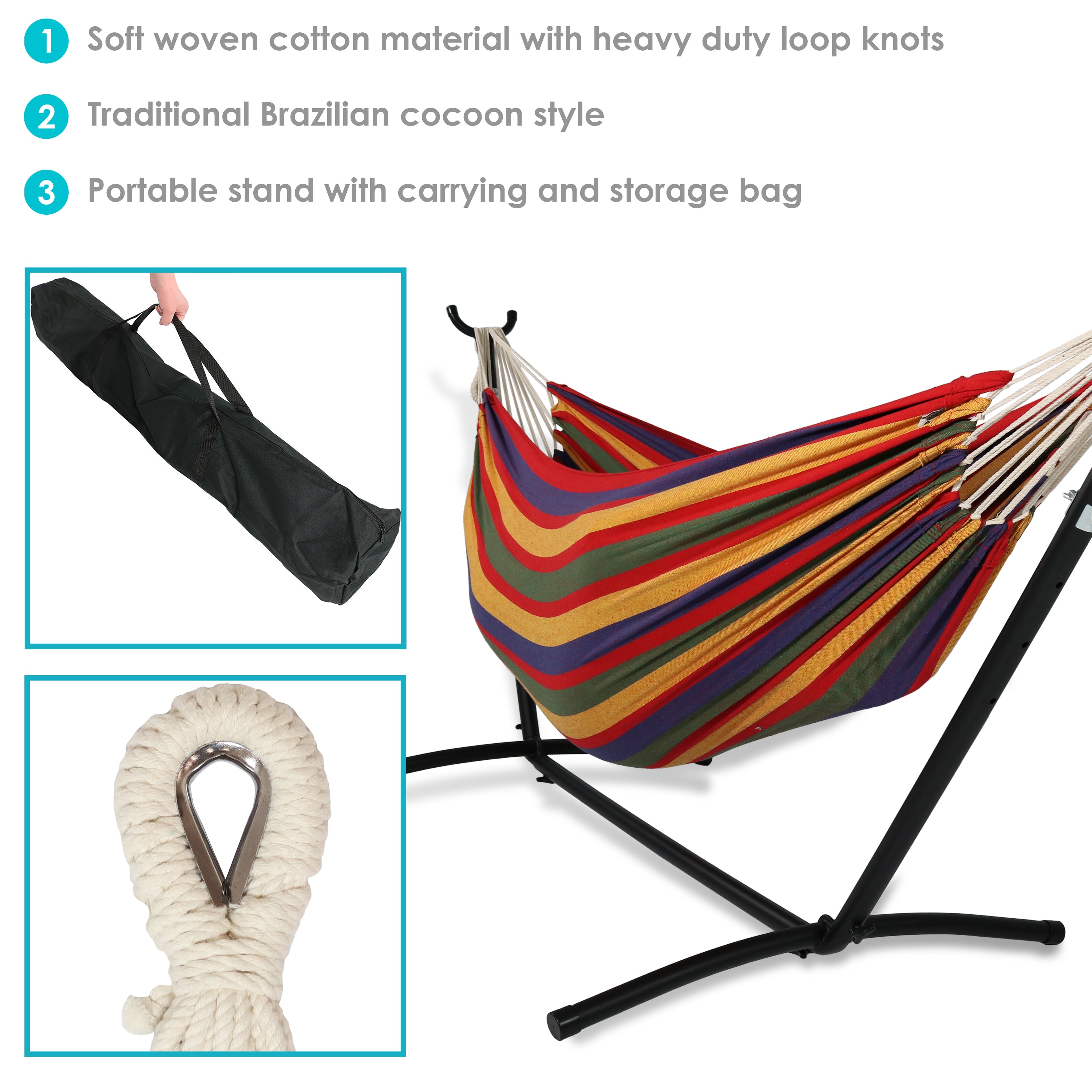Premium Brazilian Double Hammock with Stand & Carry Bag - Heavy Duty Cotton Rope Hammock for Outdoor, Backyard, Patio & Beach Relaxation