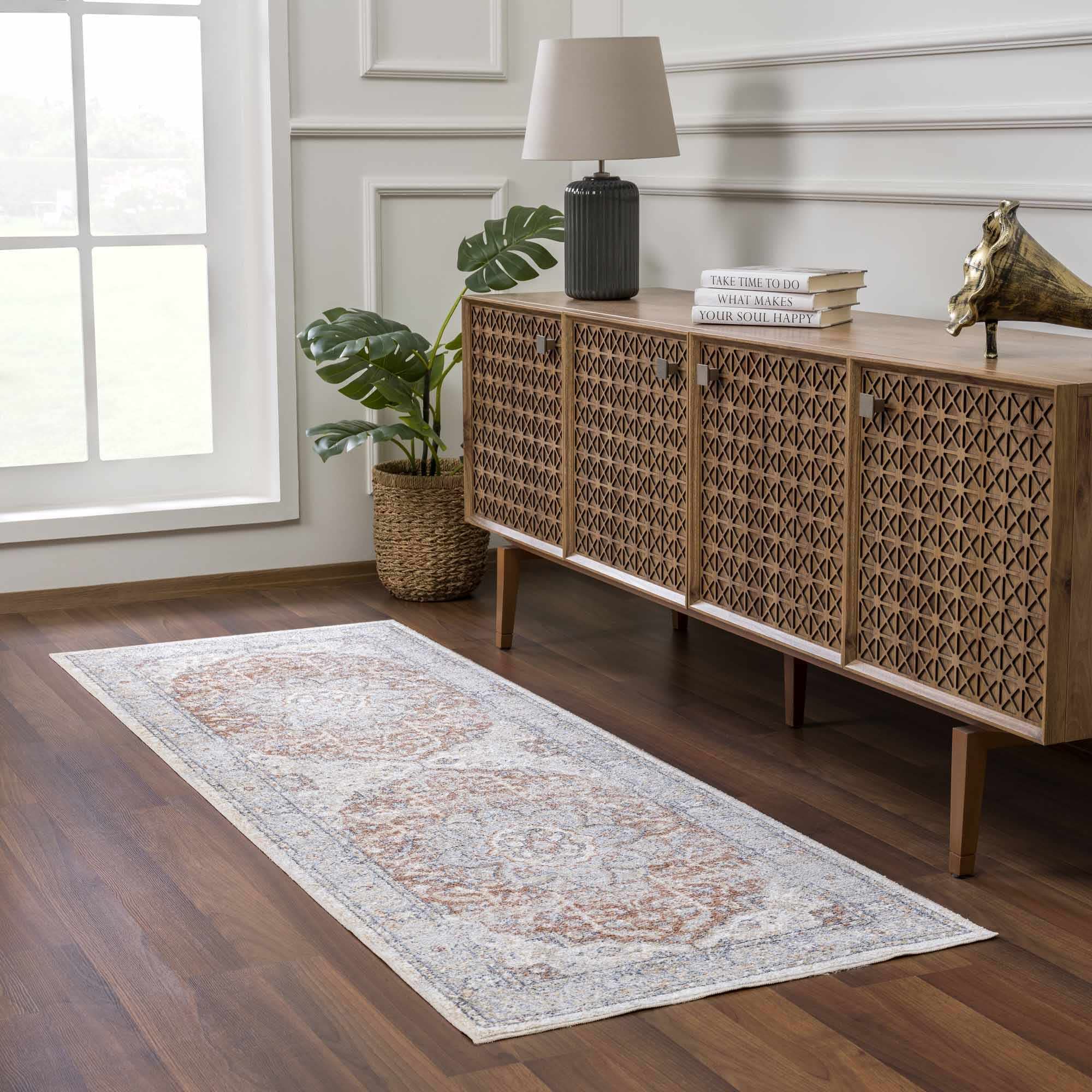 Hauteloom Emke Boho Oriental Medallion Area Rug - Traditional Floral Machine Washable Carpet for Living Room, Bedroom, Dining Room - Beige & Gray Round Rug 6'7